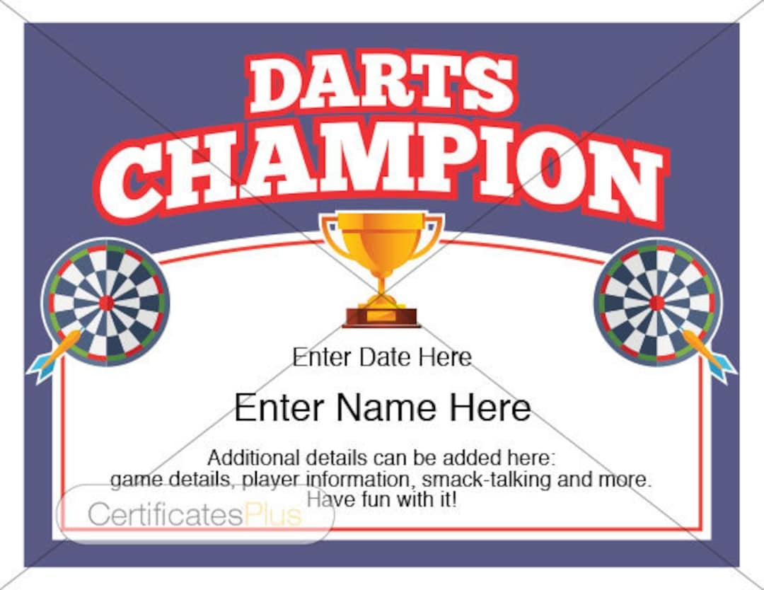 Editable Darts Certificate Darts Award Template Darts Dart Board Darts Holder Darts Certificate Template Dart Tournament Darts Lover Etsy