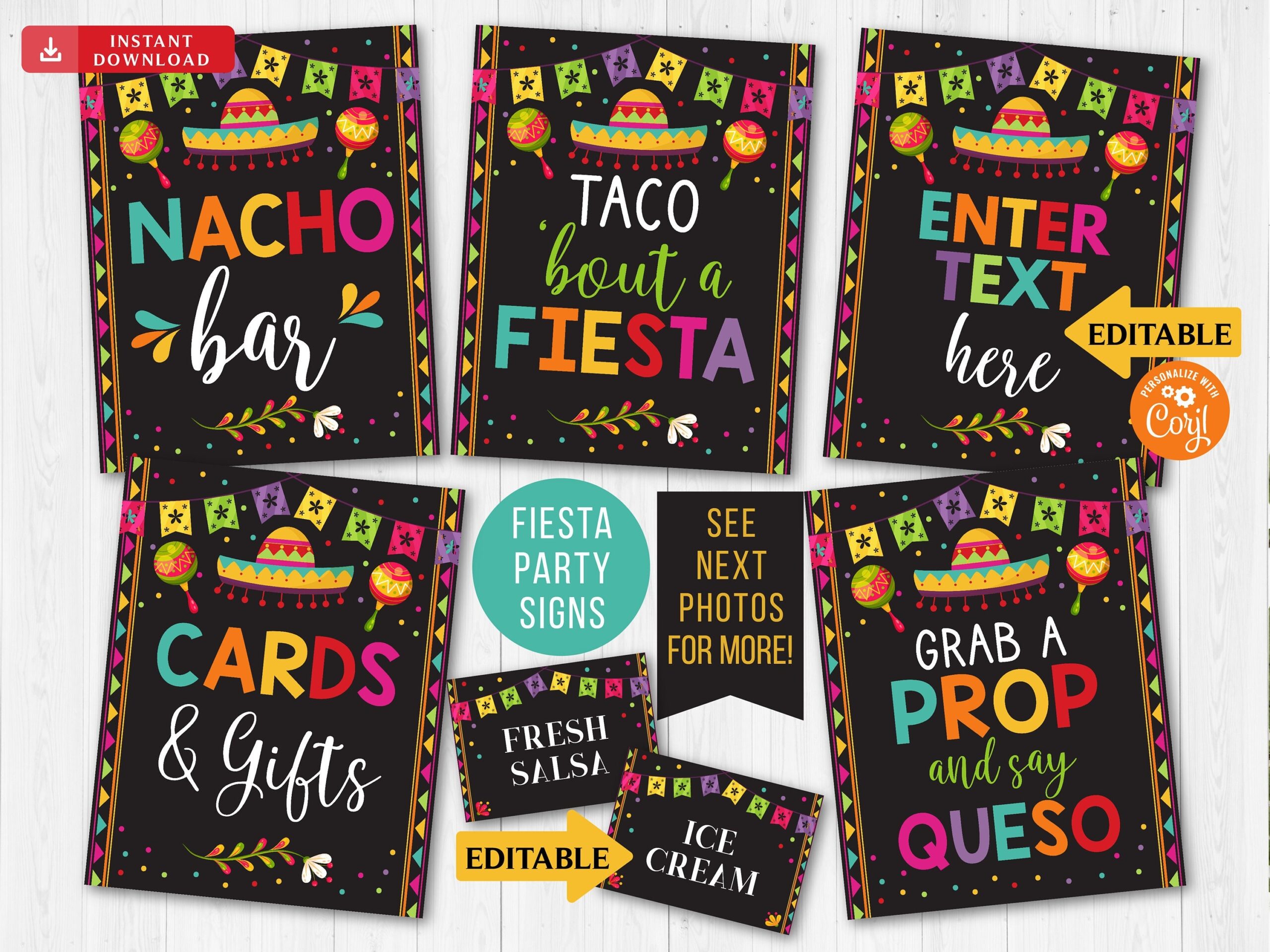 Editable Fiesta Signs Printable Mexican Theme Party Decor Cinco De Mayo Graduation Baby Bridal Shower Taco Nacho Bar INSTANT DOWNLOAD Etsy