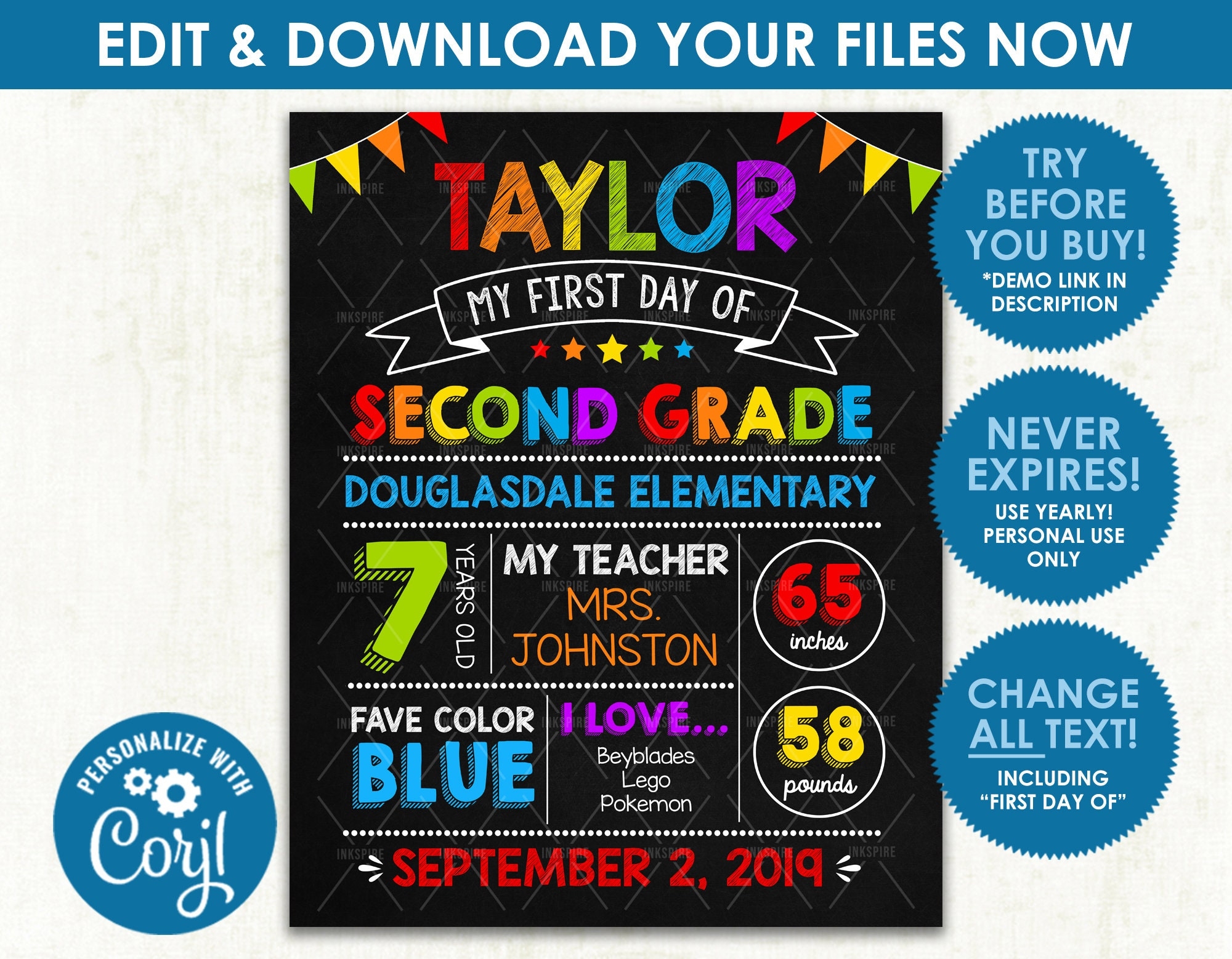 Editable First Day Of School Poster DIGITAL FILE Printable Rainbow Boys Back To School Sign Download Edit Yourself NOW Etsy New Zealand