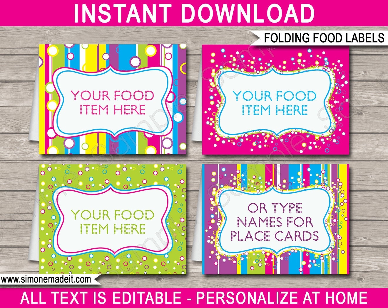Editable Food Labels Template Printable Colorful Birthday Party Decorations INSTANT DOWNLOAD With EDITABLE Text You Personalize Etsy
