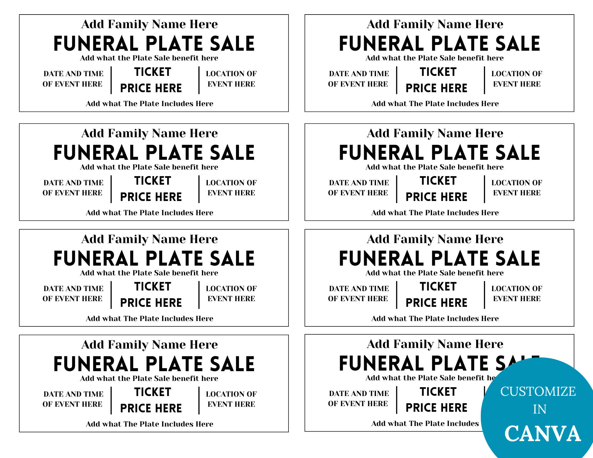 Editable Funeral Plate Sale Ticket