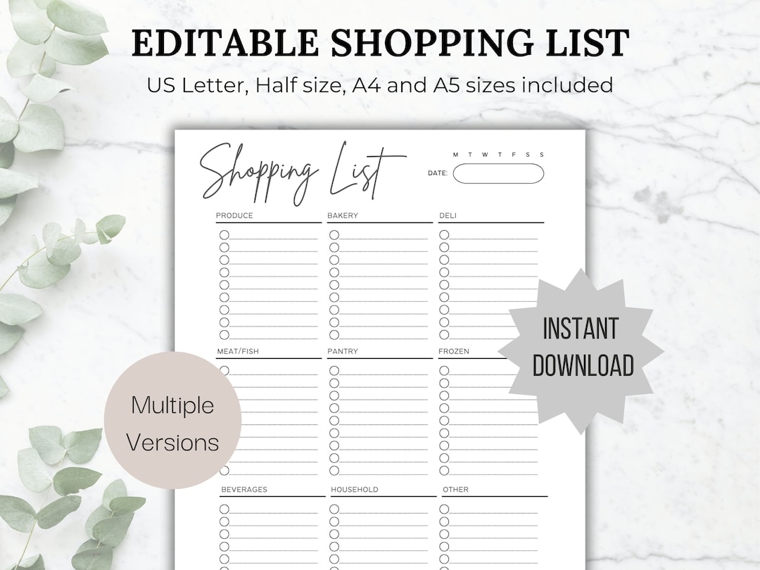 Editable And Printable Shopping List Template