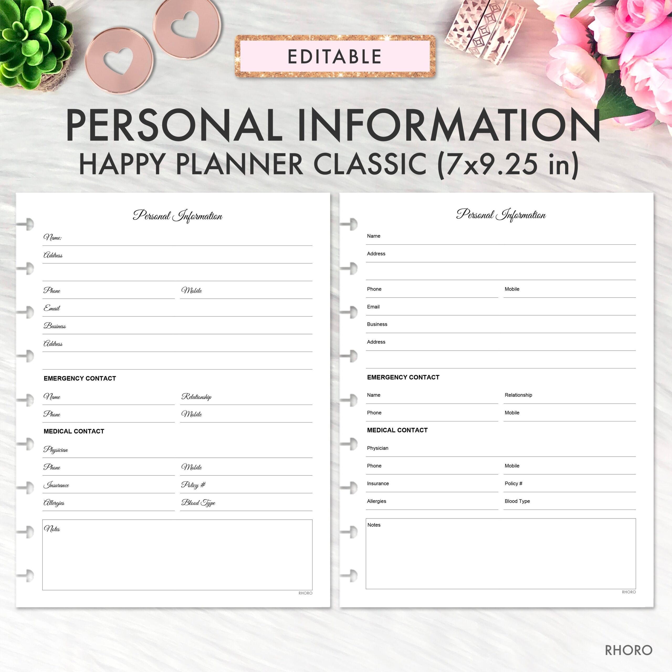 EDITABLE Happy Planner Classic Personal Information Printable Insert Emergency Contacts Happy Planner Classic Refill Printable Inserts Etsy