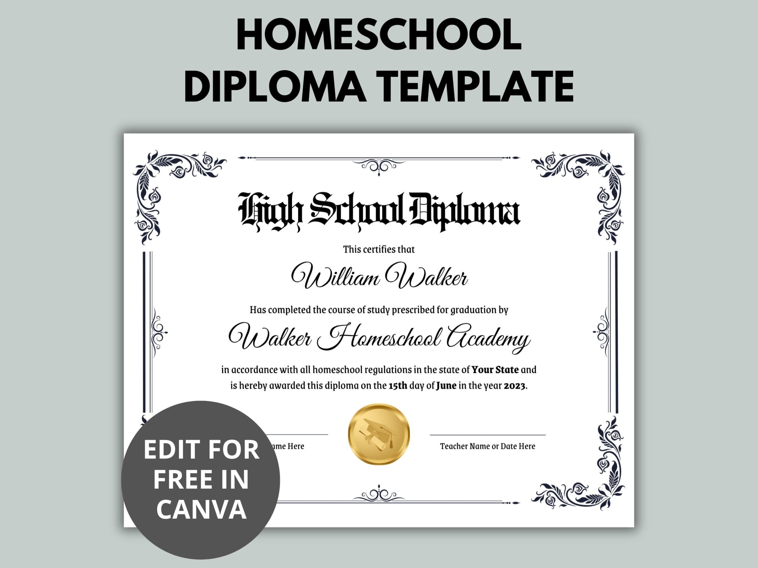 Editable Homeschool Diploma Template Homeschool Diploma High School Diploma Printable Diploma Canva Template graduation Certificate Etsy