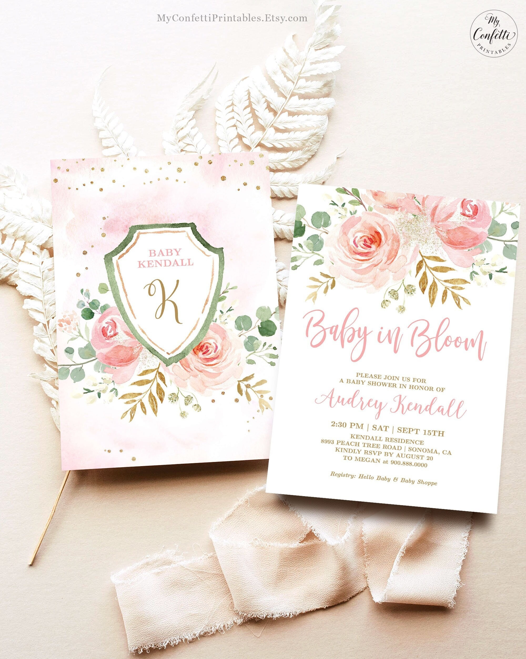 EDITABLE Invitation Baby In Bloom Baby Shower Invitation Girl Printable Invitation Template Blush Pink Floral Gold MCP820 CJB Etsy