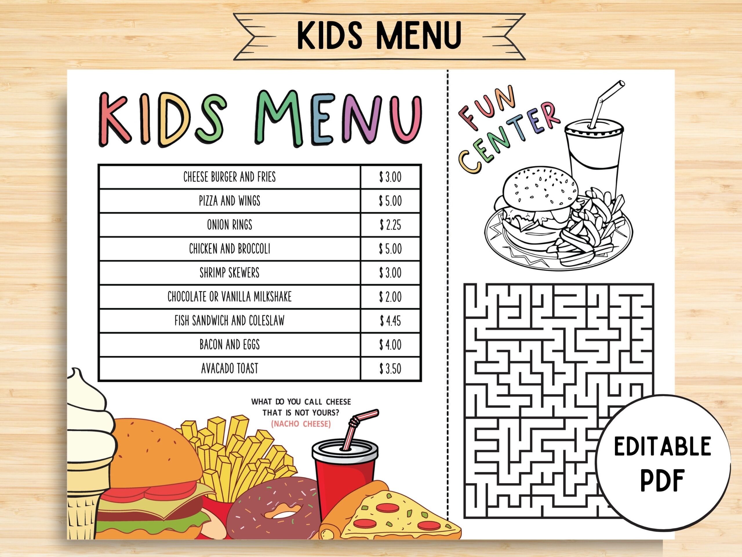 Editable Kids Menu Design Template Design Menus Kids Activity Menu Children s Menu Child Restaurant Print Food DIY Instant Download Etsy