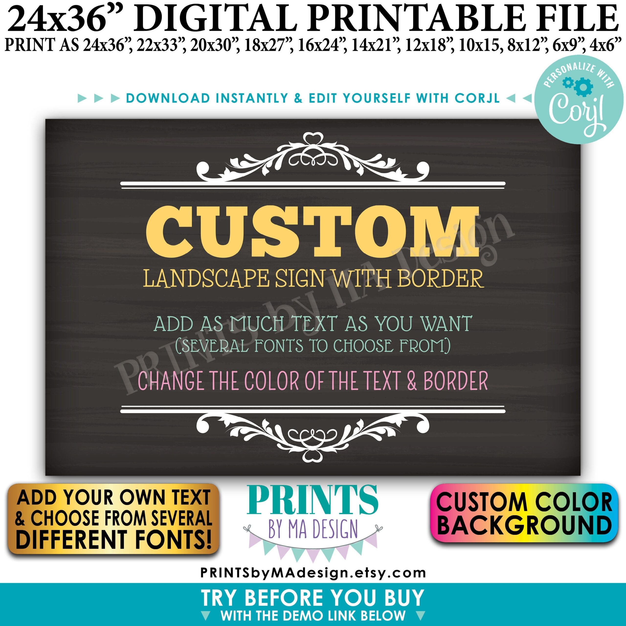 Editable Landscape Sign Choose Your Text Colors One Custom PRINTABLE Chalkboard Style 24x36 Sign With Border