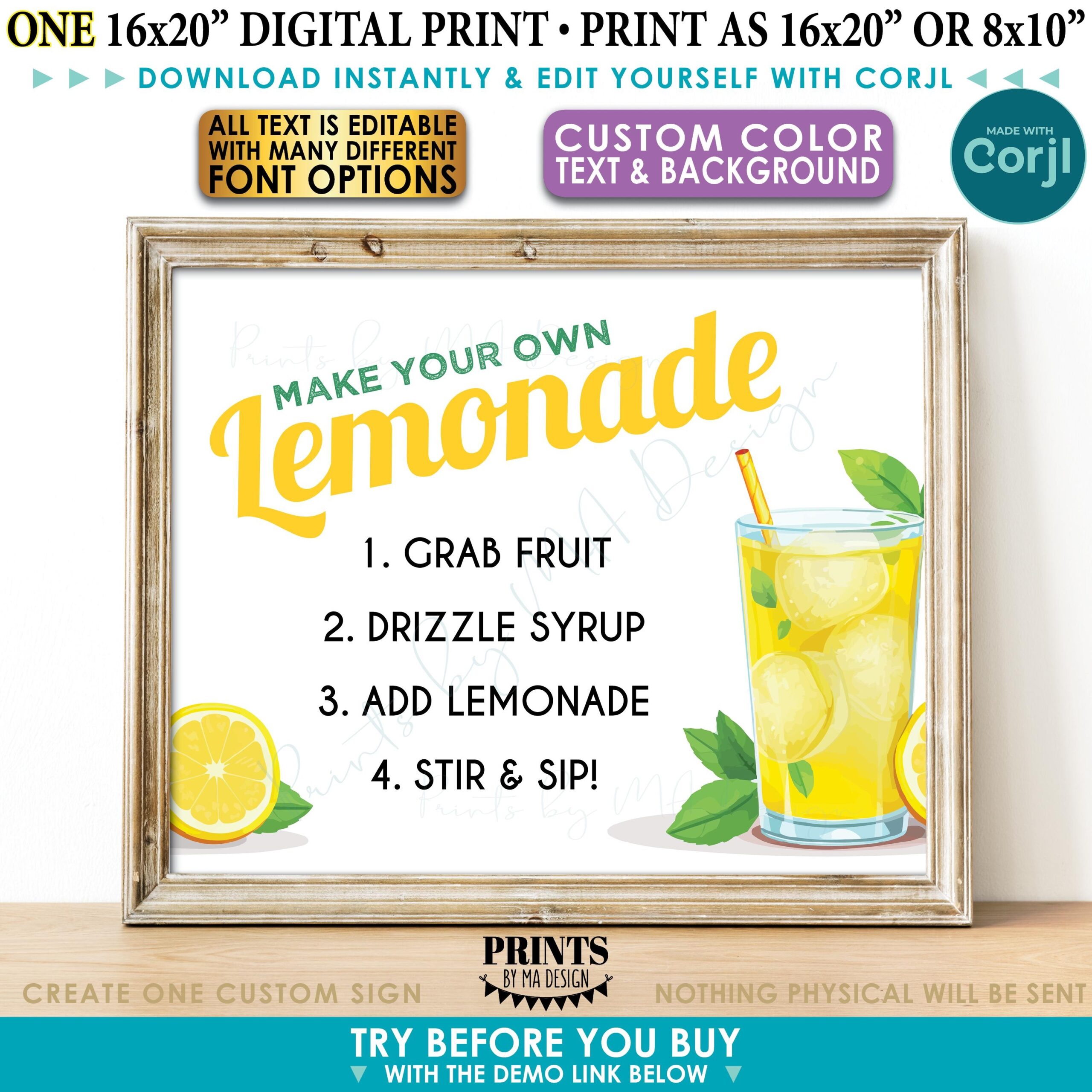 Editable Lemonade Sign Make Your Own Drink Choose Your Text Colors One Custom PRINTABLE 8x10 16x20 Sign