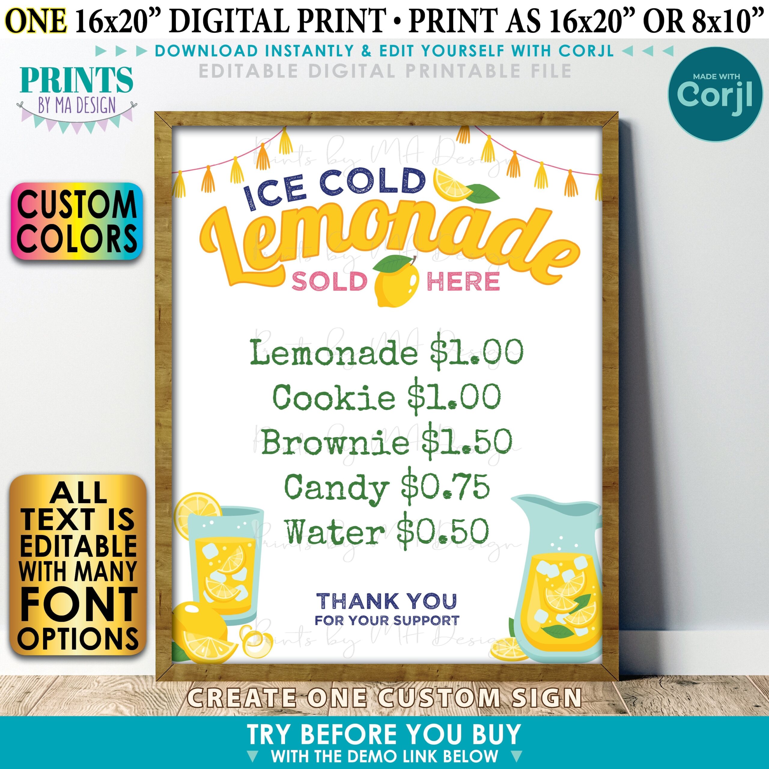 Editable Lemonade Stand Sign Choose Your Text Custom Colors One PRINTABLE 8x10 16x20 Portrait Sign