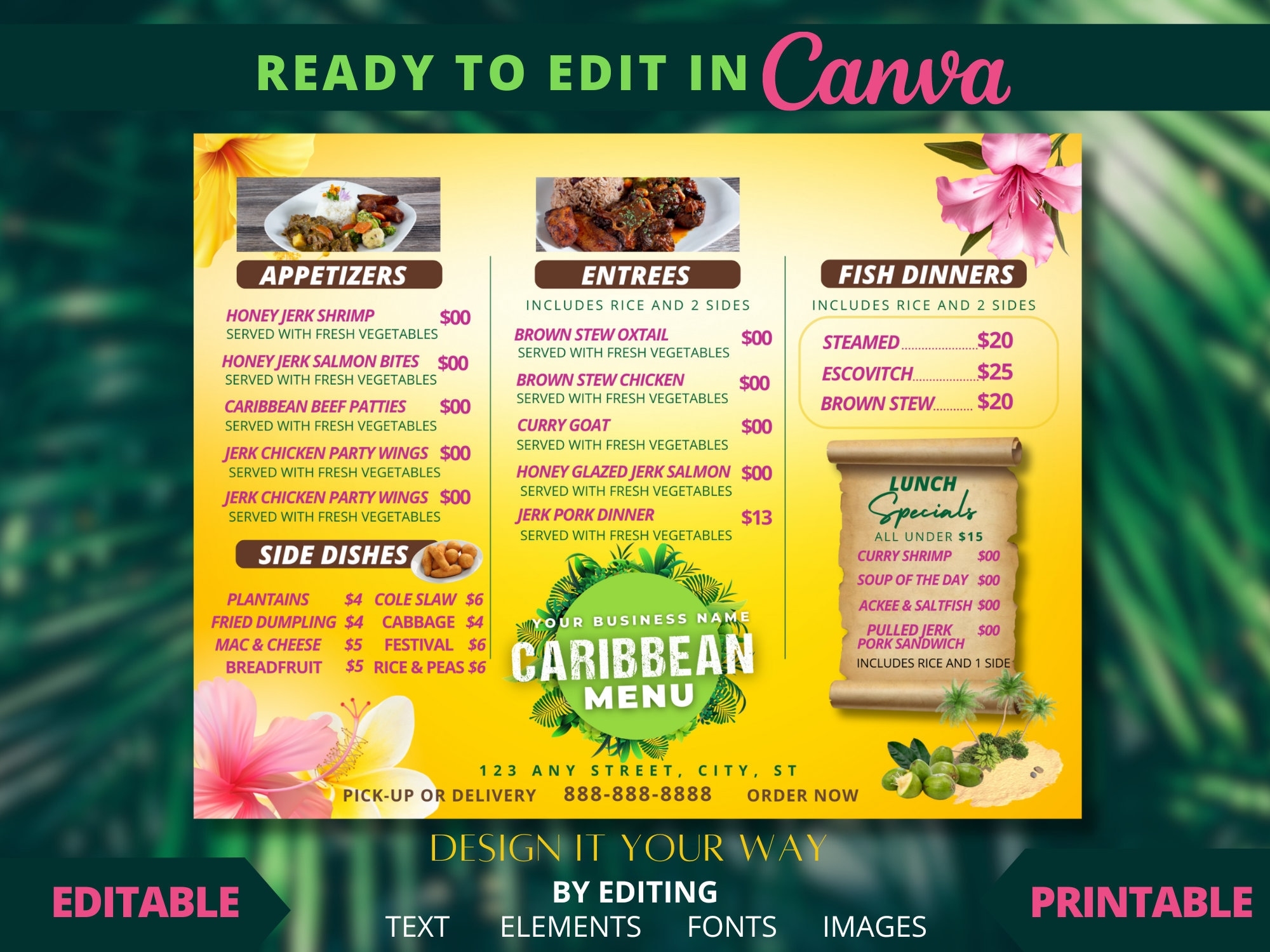 Editable Menu Template Caribbean Restaurant E menu Printable Menu Food Sale Menu Catering Menu Jamaican Inspired Restaurant Menu Etsy