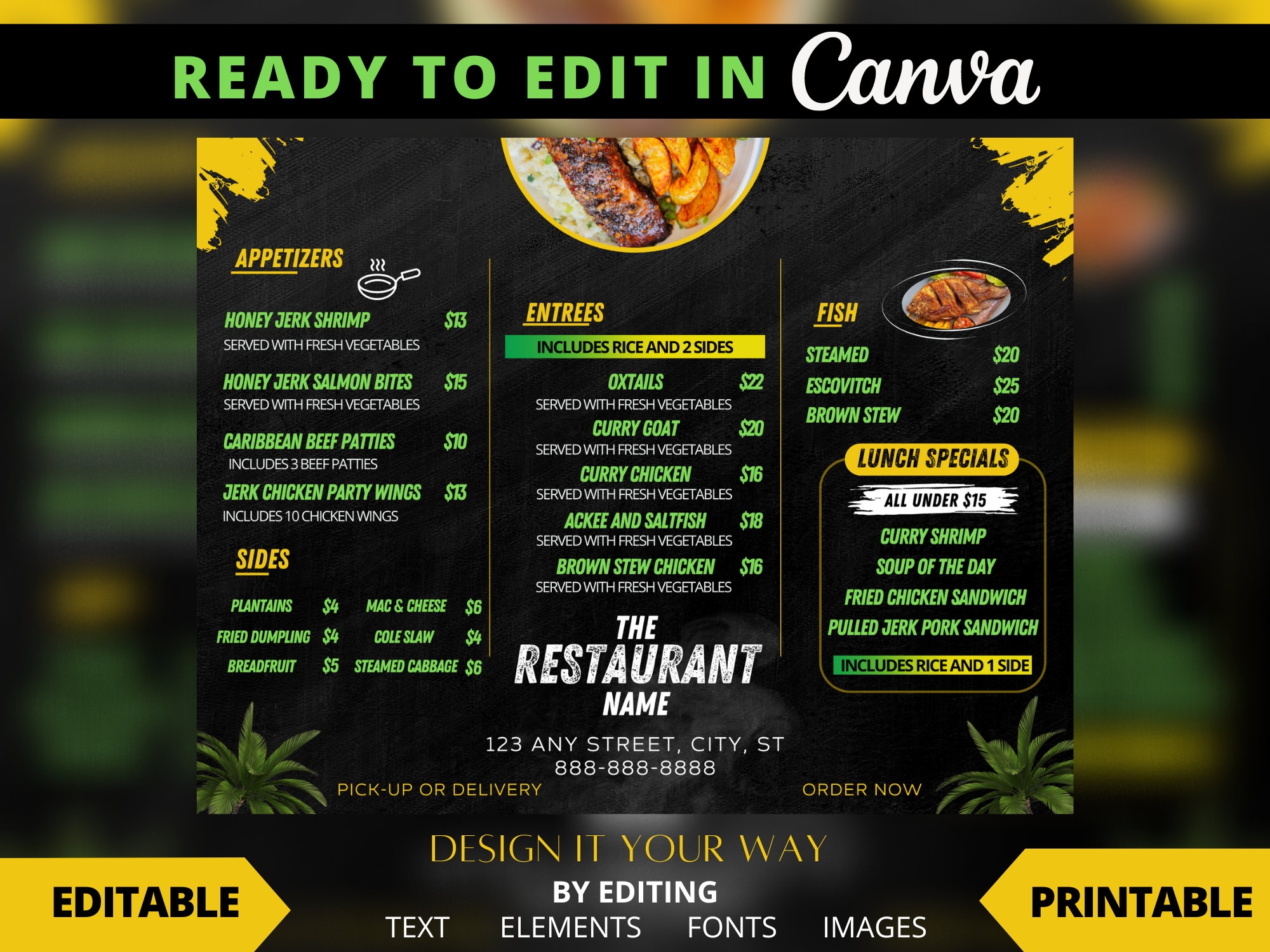 Editable Menu Template Caribbean Restaurant E menu Printable Menu Food Sale Menu Catering Menu Jamaican Inspired Restaurant Menu Etsy