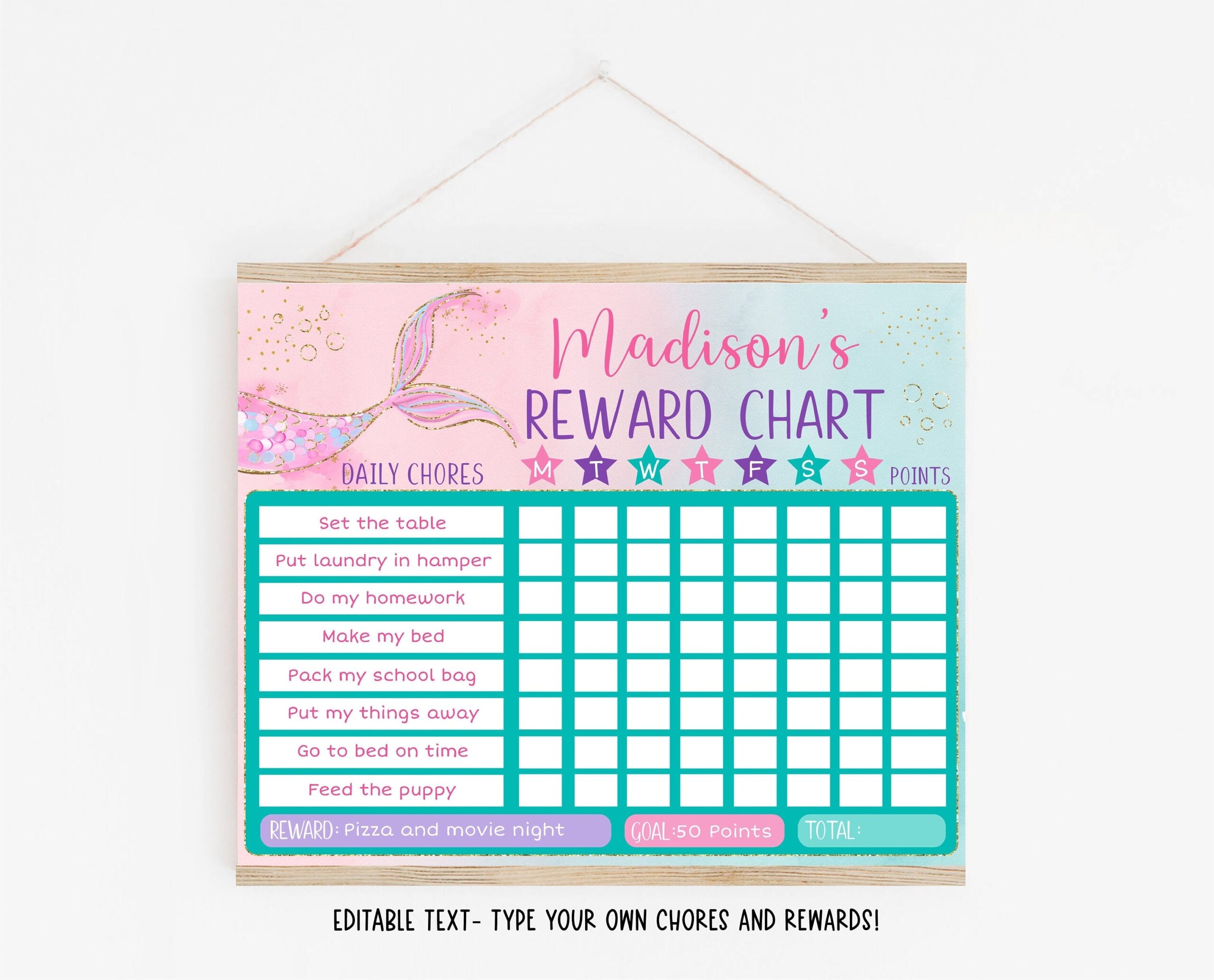Editable Chore Chart Printable Mermaid