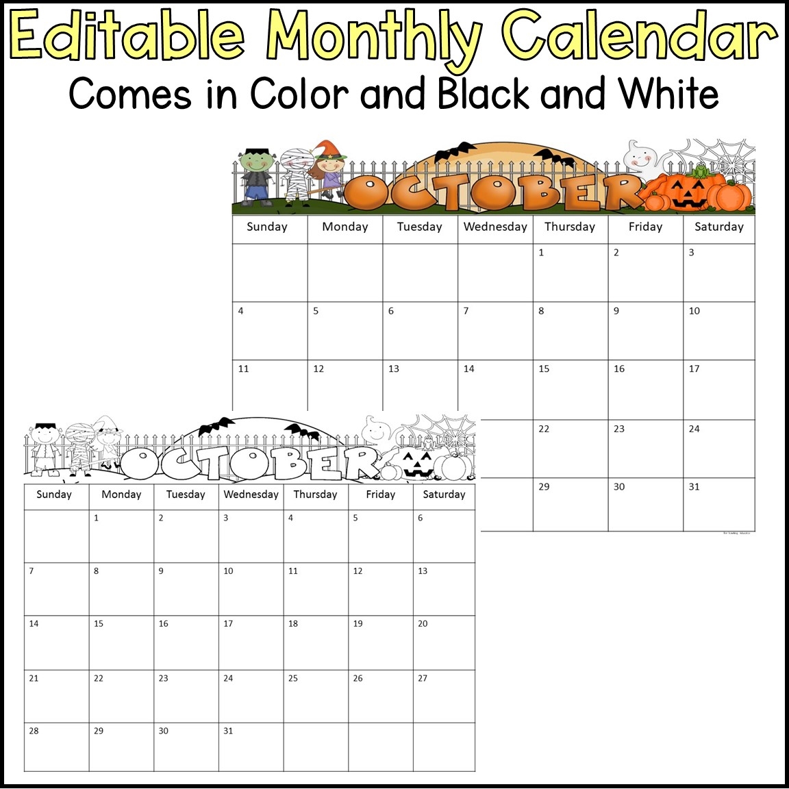Colorful Calendar Monthly Printable Editable