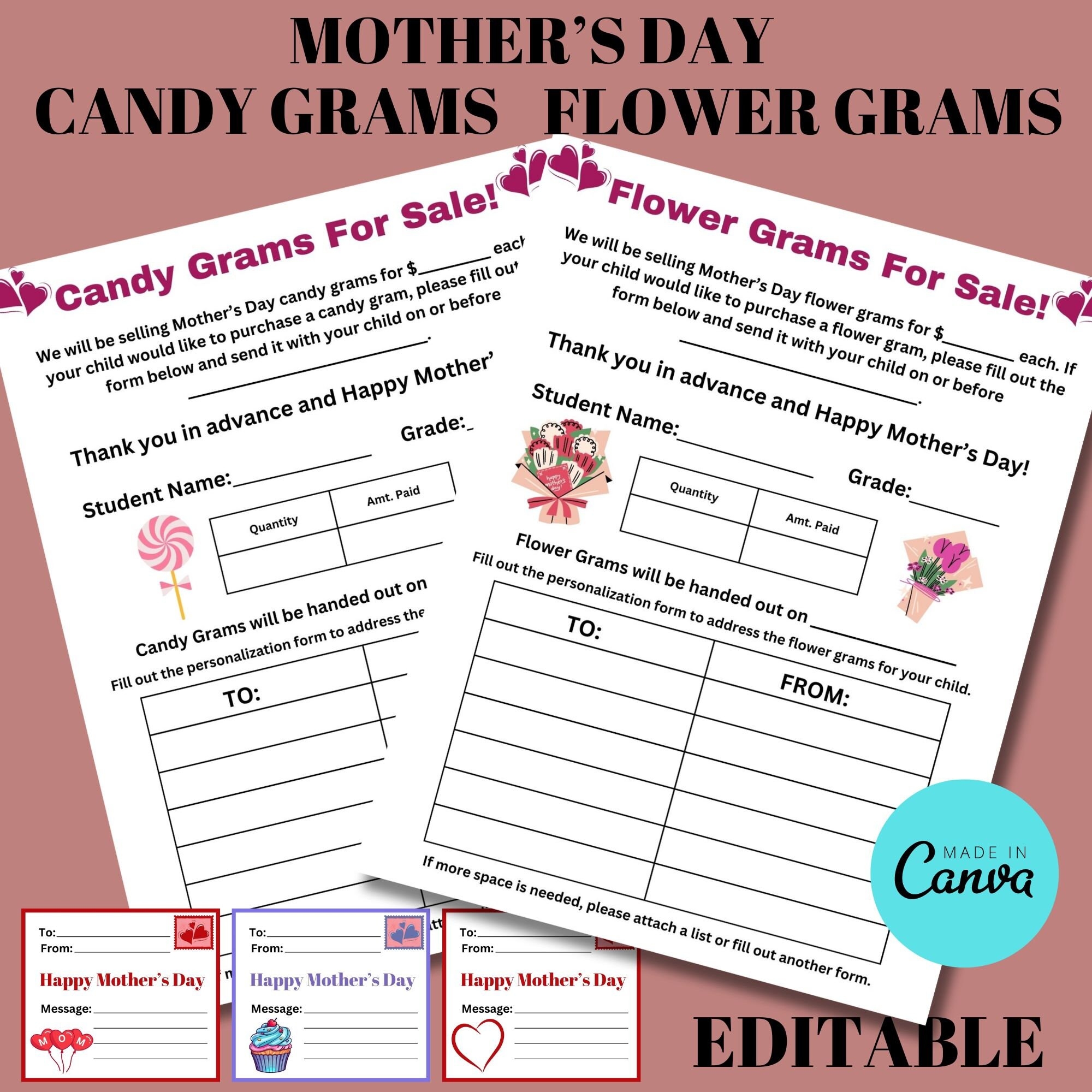 Editable Mother s Day Candy Gram Printable Flower Gram For Fundraiser Template For School Church Dance PTA PTO Fundraiser Digital Card Etsy