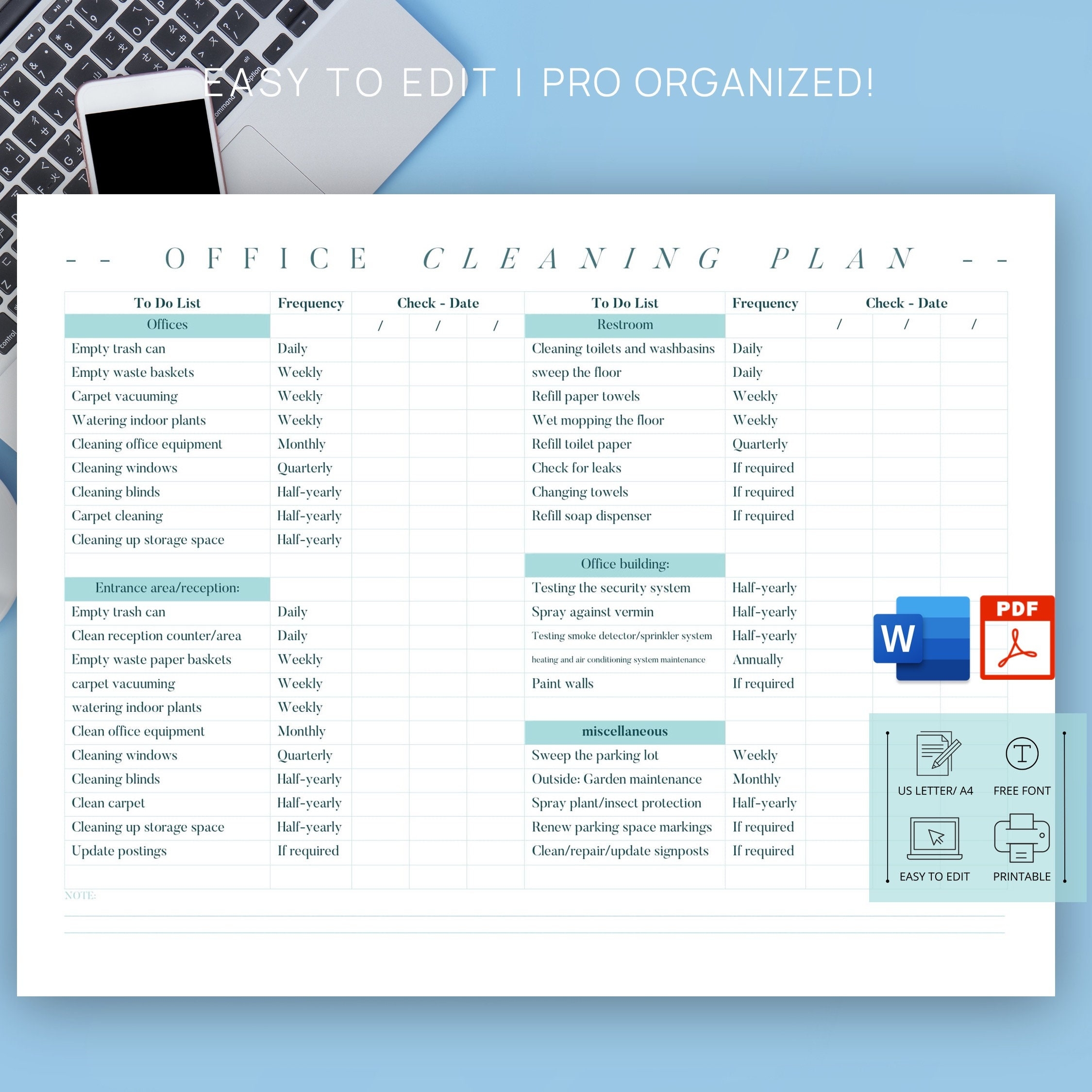 Editable Office Cleaning Checklist Template Frequency Chart word File office Cleaning Plan Printable Etsy