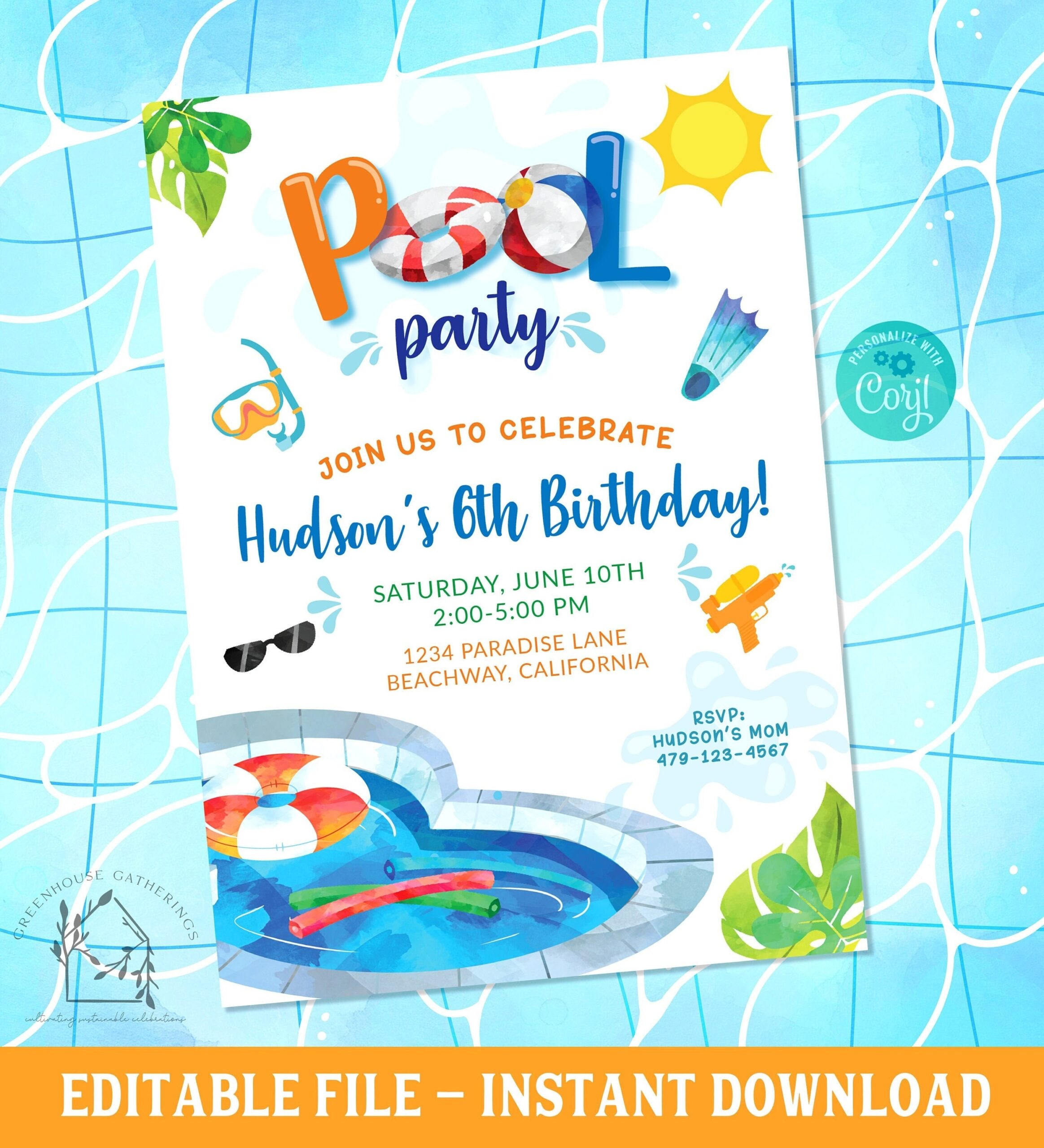 Pool Party Invitation Template Pool Party Invitation Editable Printable