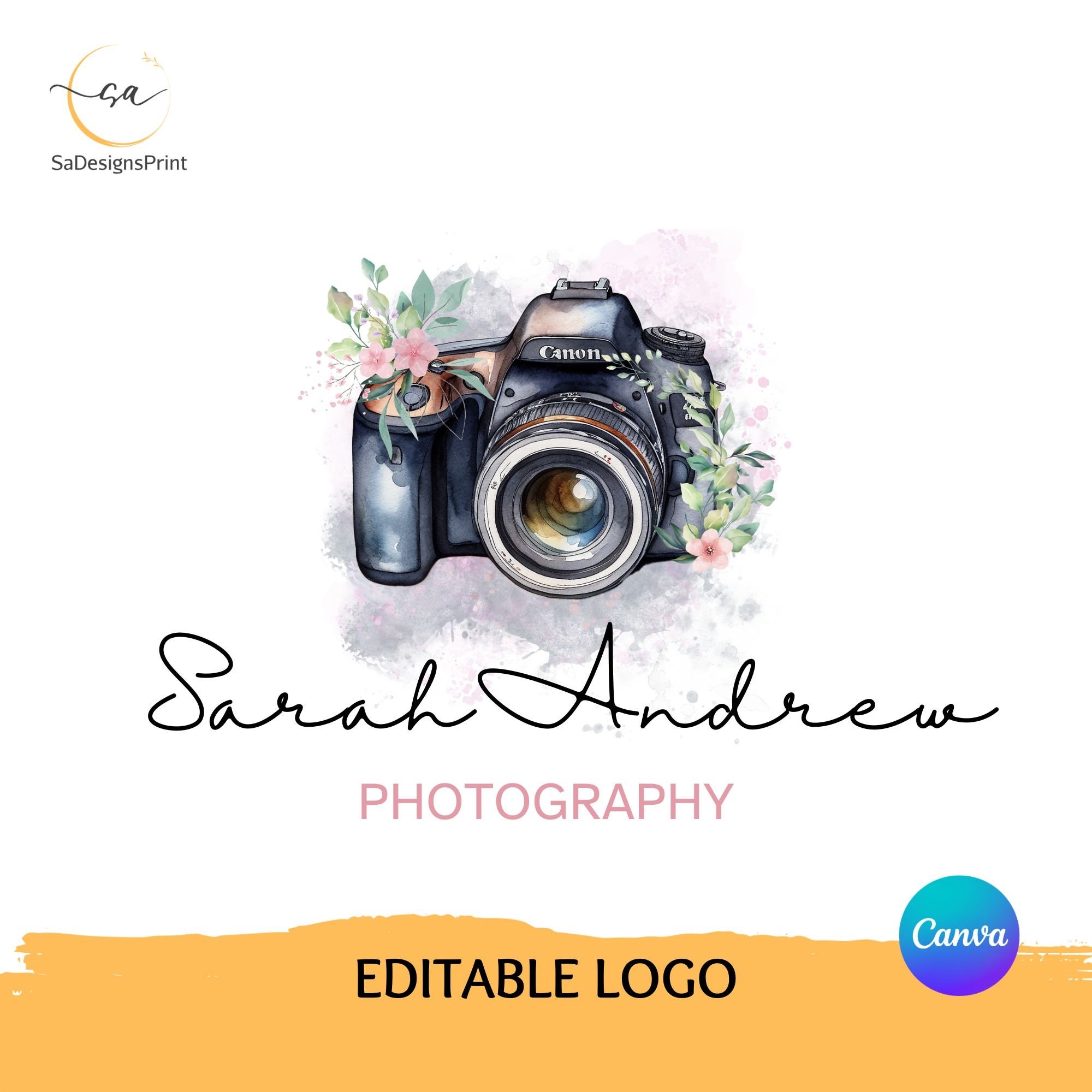 Editable Premade Photography Logo And Watermark Premade Floral Camera Logo Photographer Logo Canva Template Vintage Camera Logo Etsy