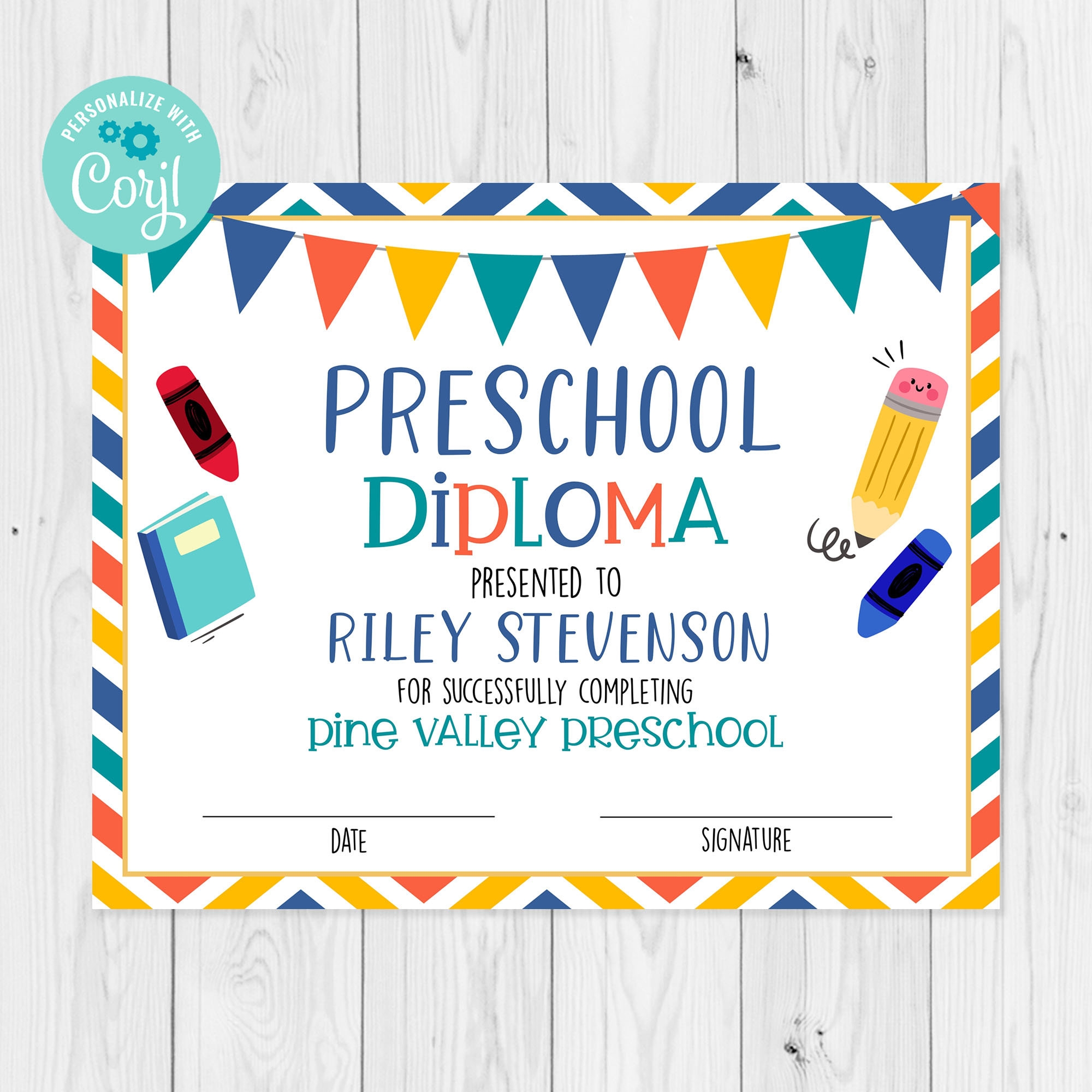 Editable Preschool Diploma Template Pre school Completion Certificate Preschool Graduation Certificate Template Edit With Corjl Etsy