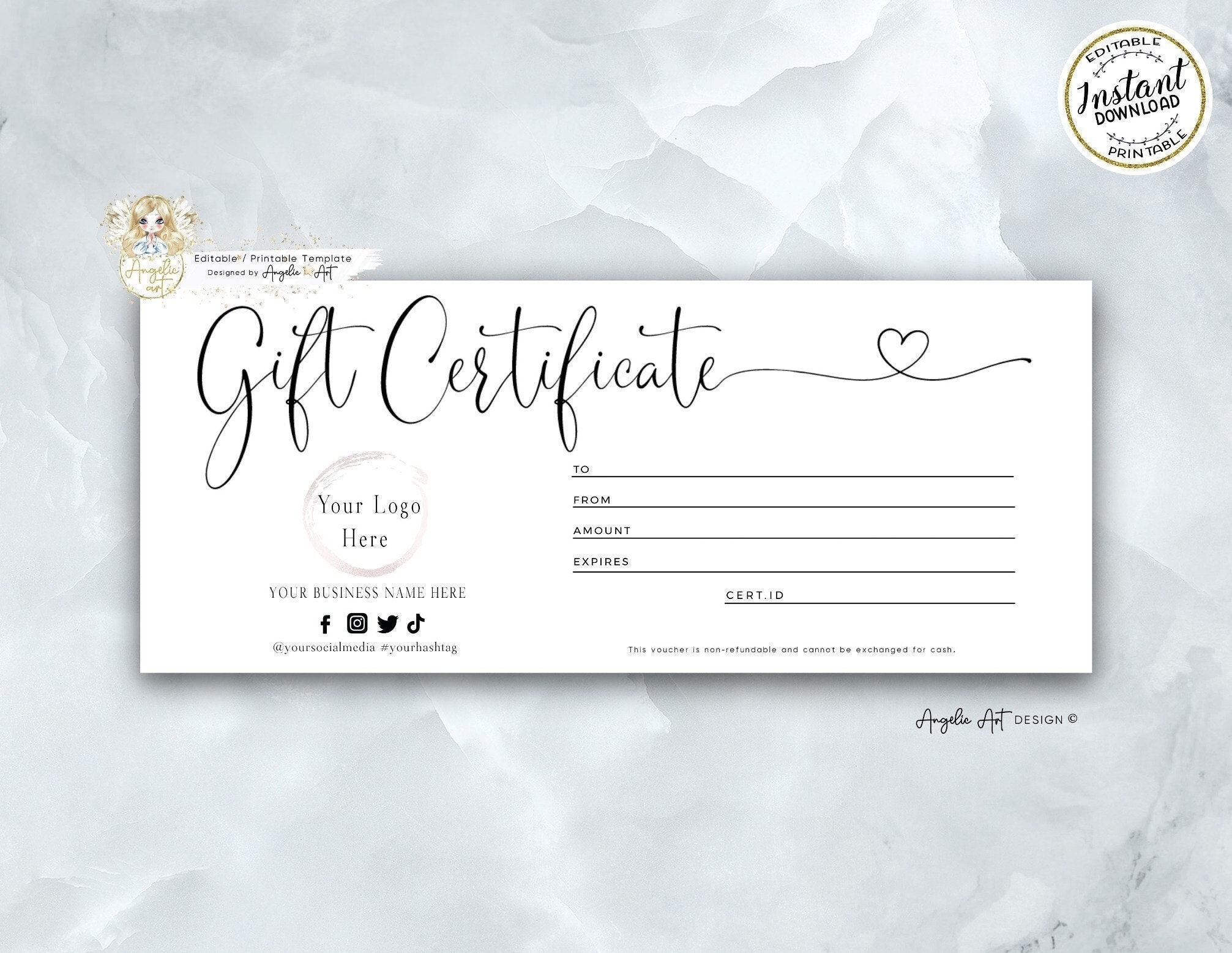 Editable Printable Gift Certificate Modern Heart Gift Certificate Template Editable Gift Voucher Instant Download ADD Your LOGO Gift Card Etsy