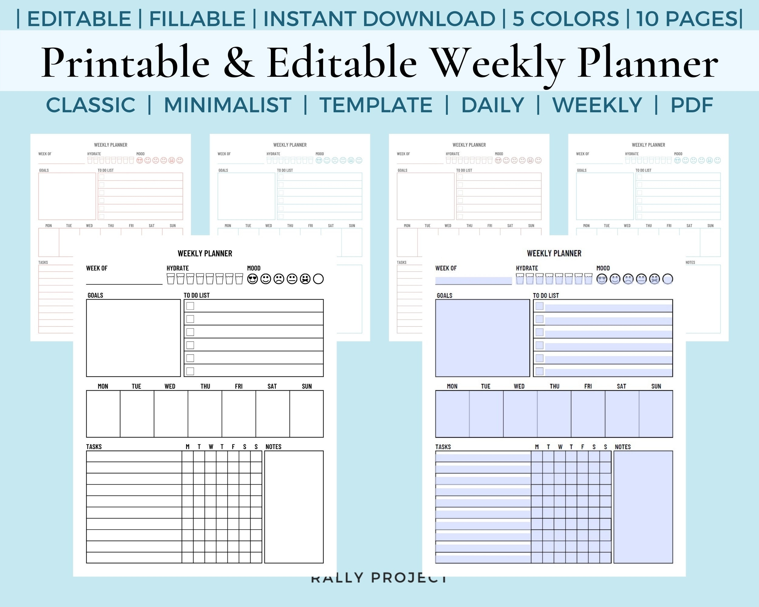 Editable Printable Weekly Planner Fillable Planner Digital Download Classic Minimalist Planner Custom Editable Monthly Daily Etsy