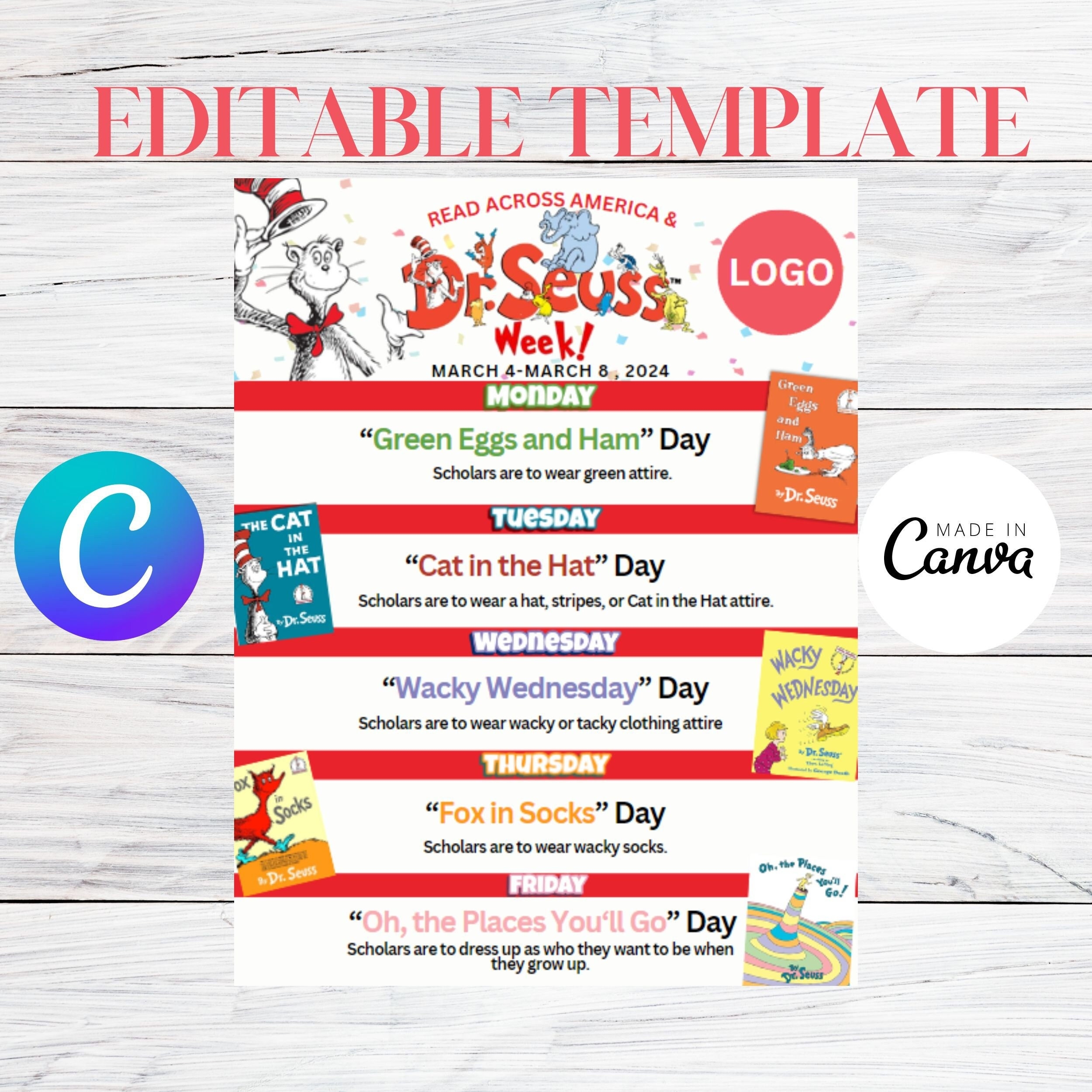Editable Read Across America Dr Seuss Spirit Week Template Flyer Etsy