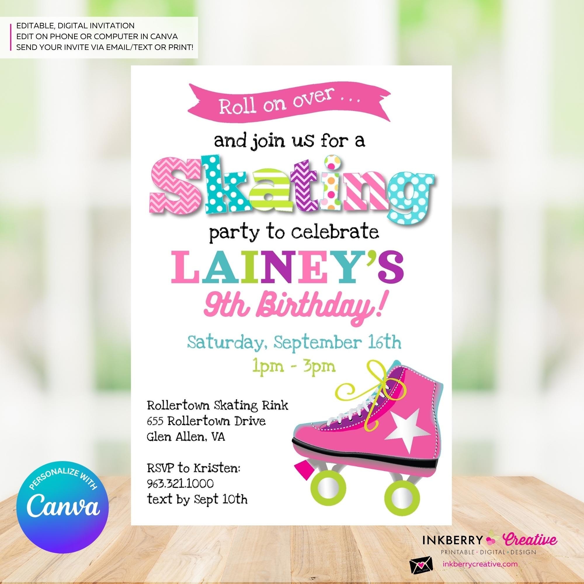 Editable Roller Skating Birthday Party Invitation Girls Roller Skate Party Invite Pink Roller Skating Rink Invite Edit In Canva Etsy