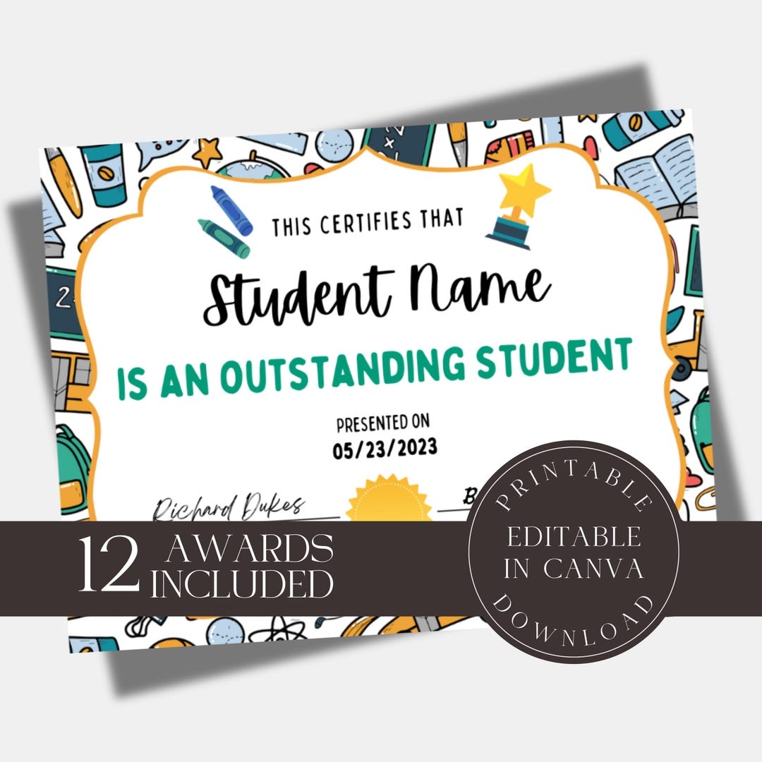 Editable School Certificate Outstanding Student Elementary Classroom Award Certificate Template Printable Graduation Awards Etsy