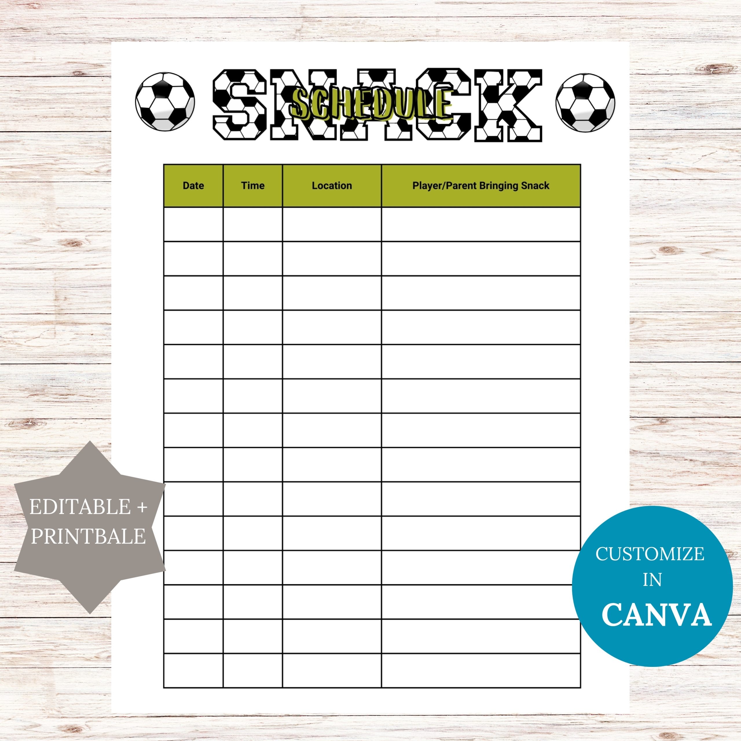 Editable Soccer Snack Sign Up Sheet Printable Instant Download 