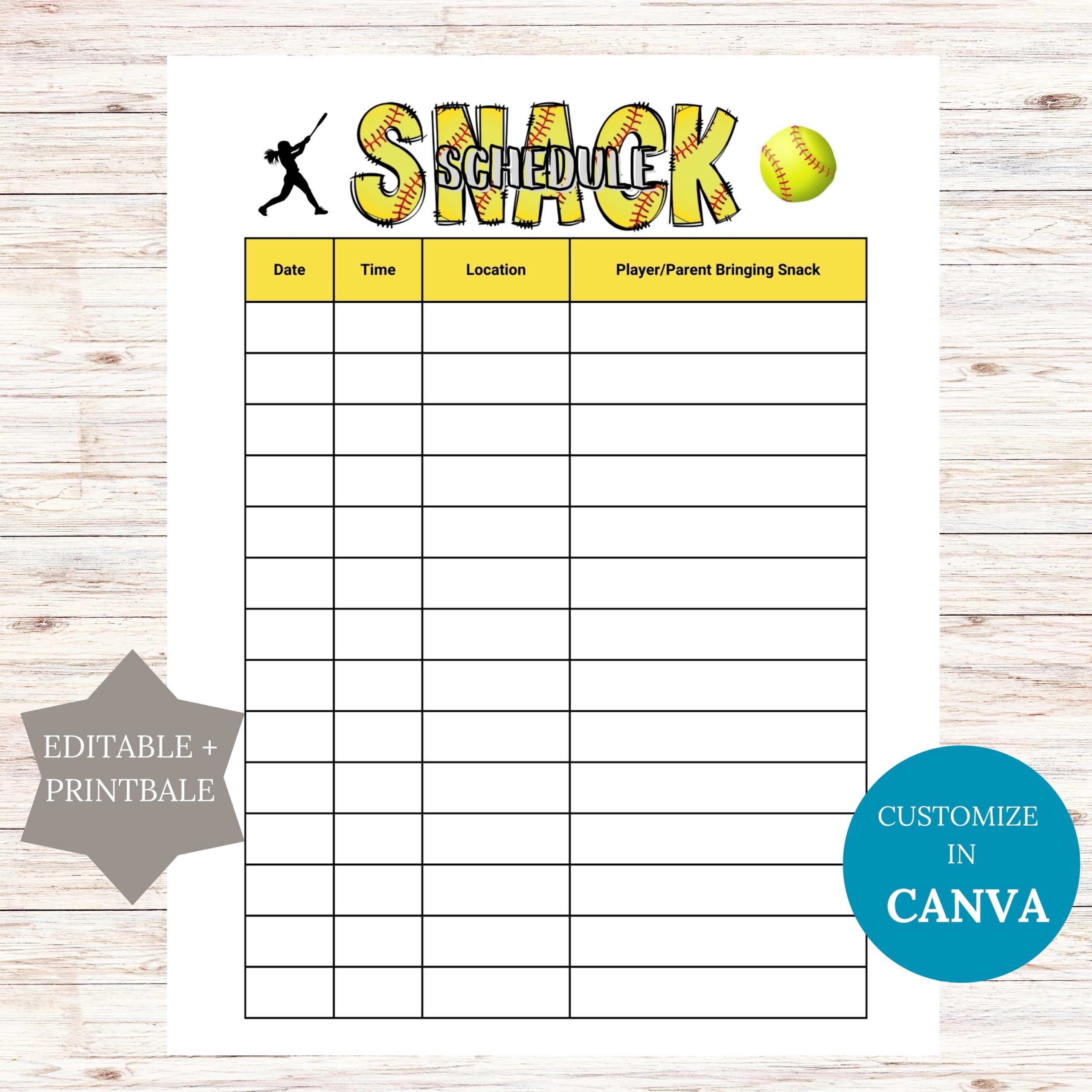 Editable Softball Snack Sign Up Sheet Printable