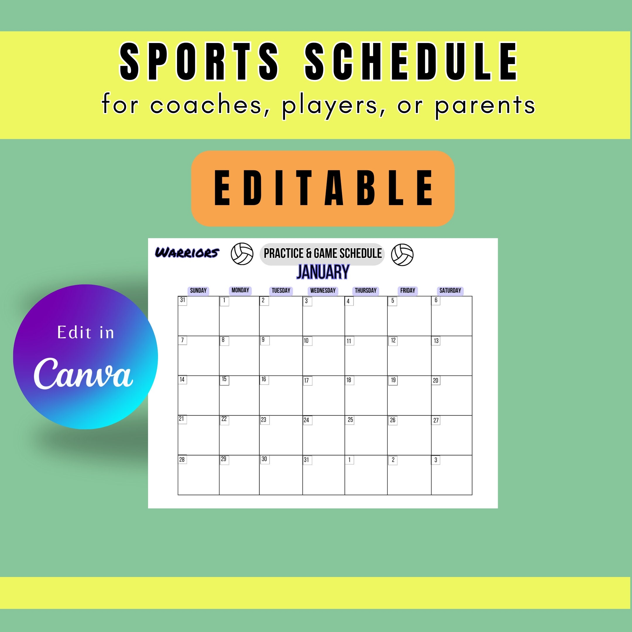 Editable Sports Schedule Sports Calendar Editable Team Calendar Team Mom Schedule Schedule For Coach Etsy