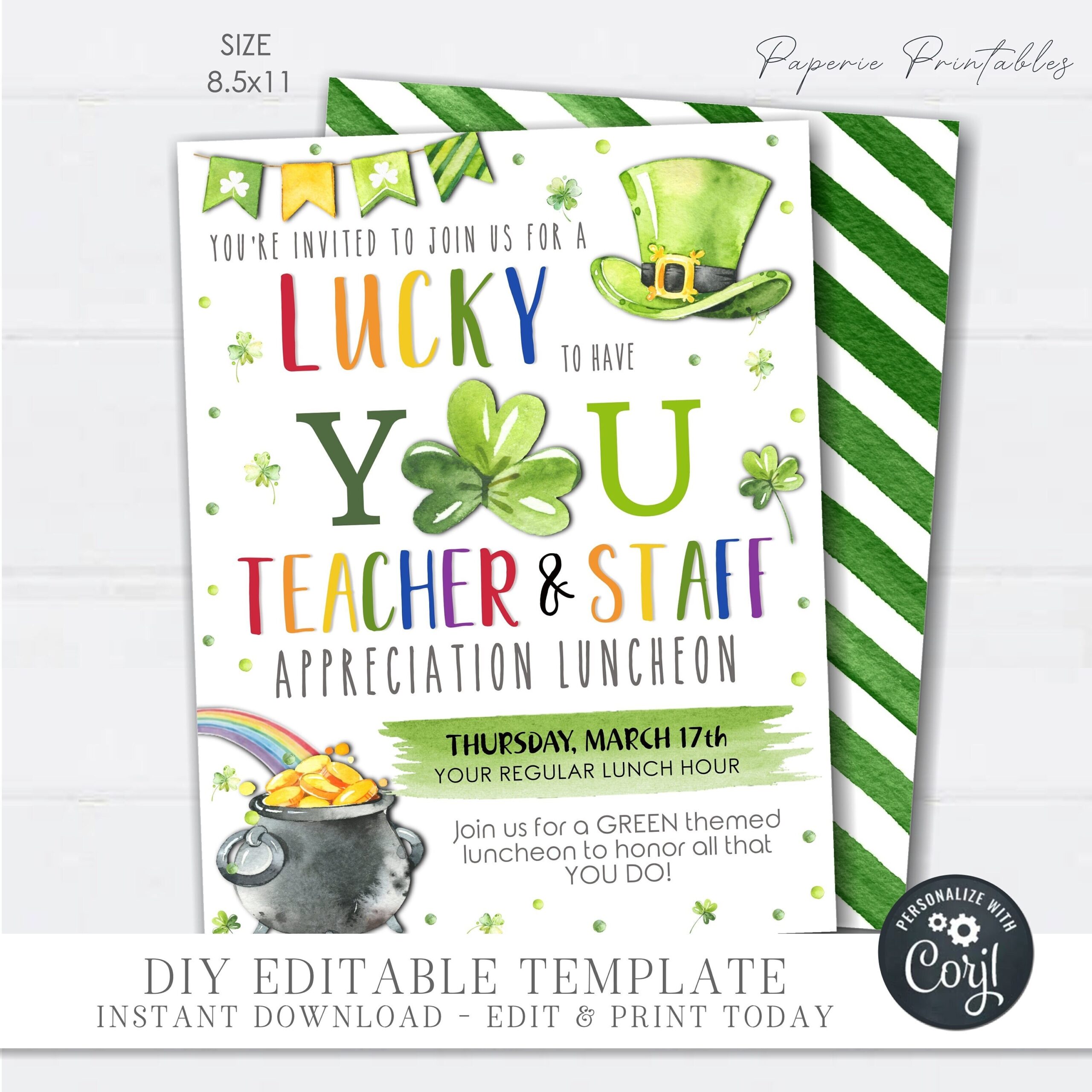 EDITABLE St Patrick s Day Teacher Appreciation Flyer St Patrick s Day School Staff Appreciation Luncheon Printable DIY W corjl SPF13 Etsy