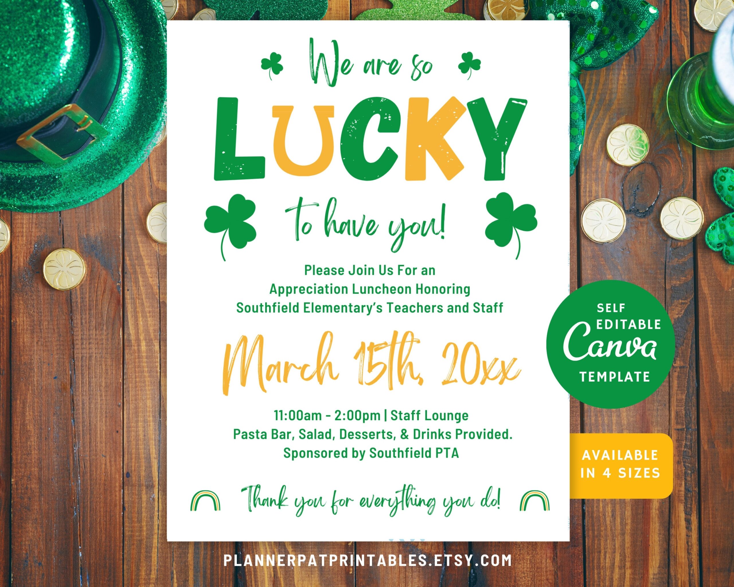 Editable St Patricks Appreciation Flyer Teacher Luncheon Invite Canva Etsy