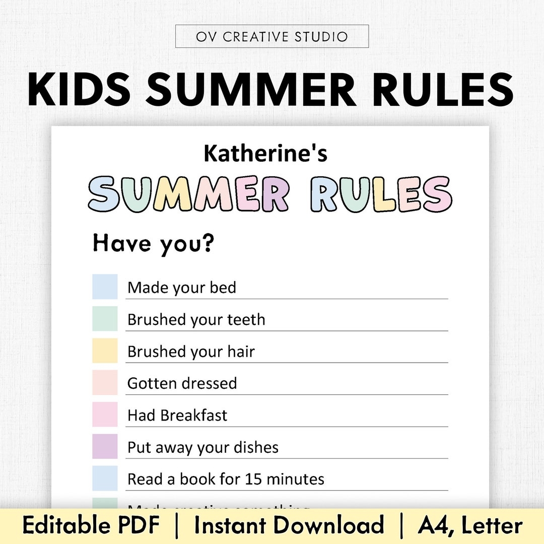 Editable Summer Rules For Kids Printable Summer Rules Summer Routine For Kids Daily Routine Checklist Kids Summer Checklist Chart Etsy