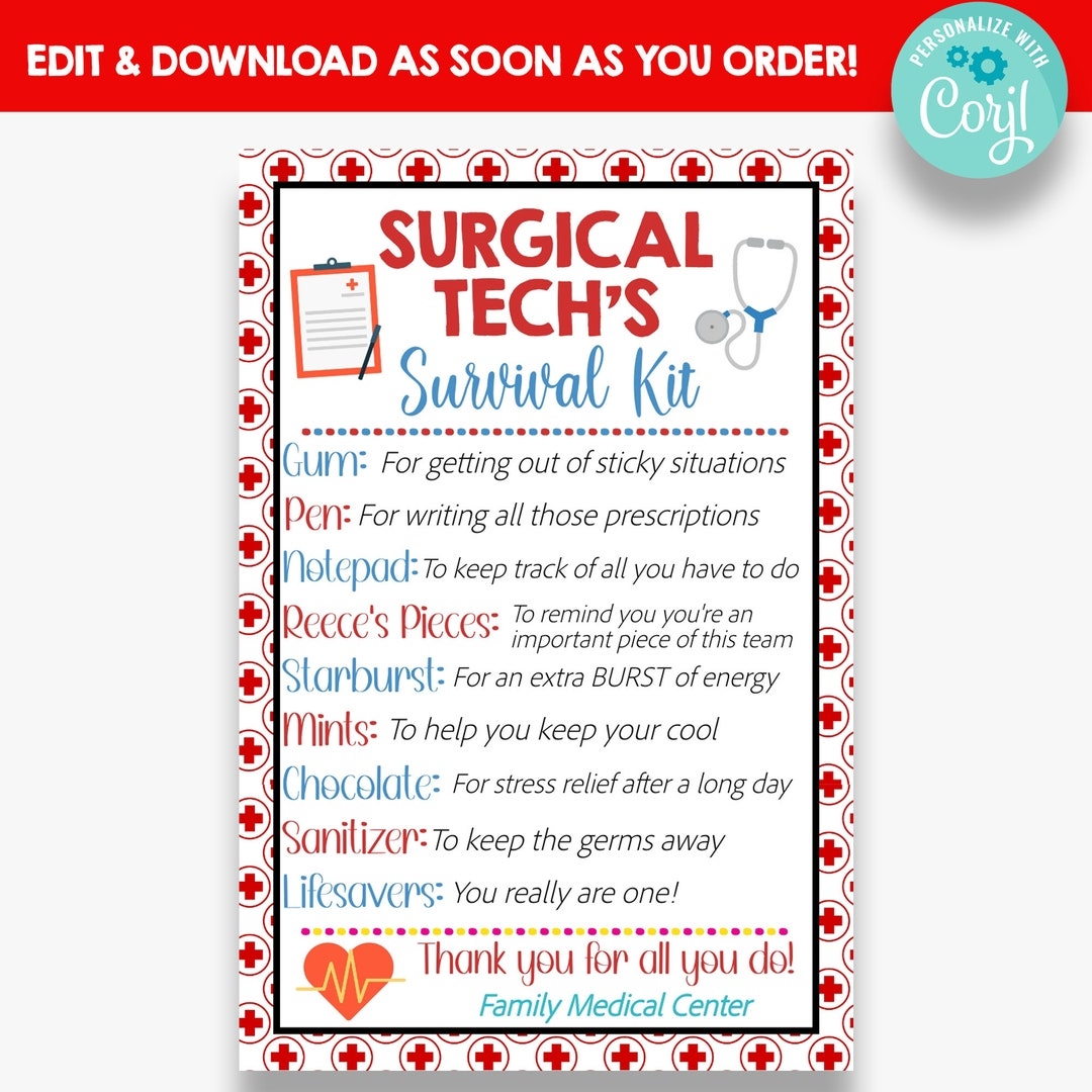 EDITABLE Surgical Tech s Survival Kit Gift Tag Surgical Tech Thank You Gift Tag Medical Survial Kit Favor Labels Printable Etsy