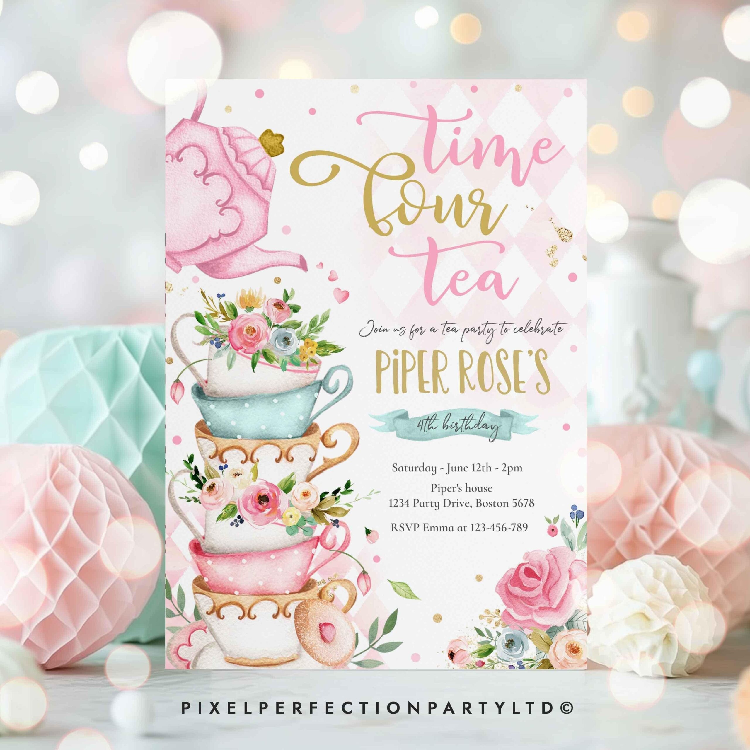 Editable Tea Party Birthday Invitation Time Four Tea 4th Birthday Party Pink Gold Floral Whimsical 4th Birthday Partea Instant Download TR Etsy
