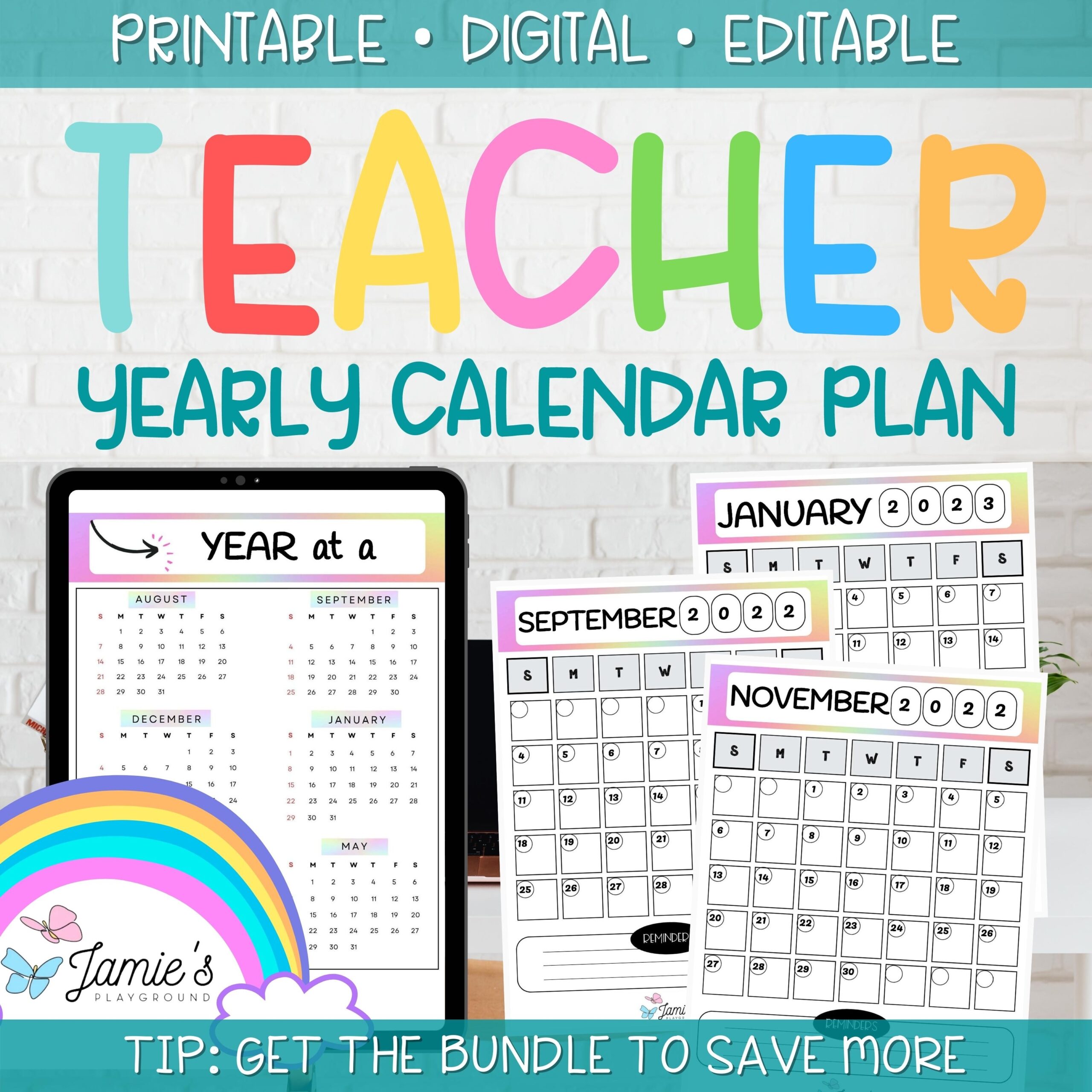 Editable Teacher Binder Year And Month At A Glance Calendar 2023 Rainbow Classful