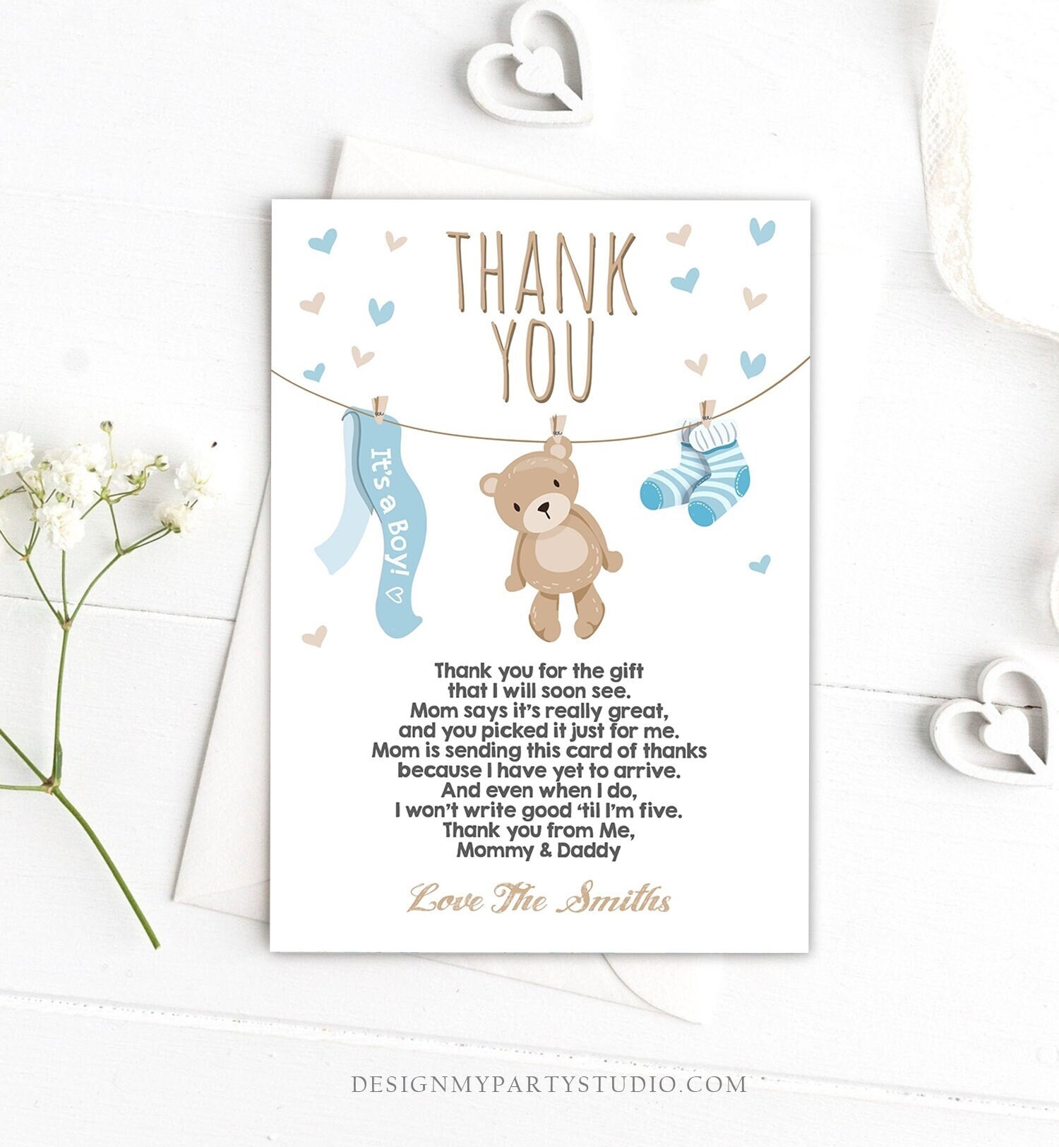 Editable Teddy Bear Thank You Card Baby Shower Thank You Note Boy Blue Woodland Animals Download Digital Corjl Template Printable 0025 Etsy