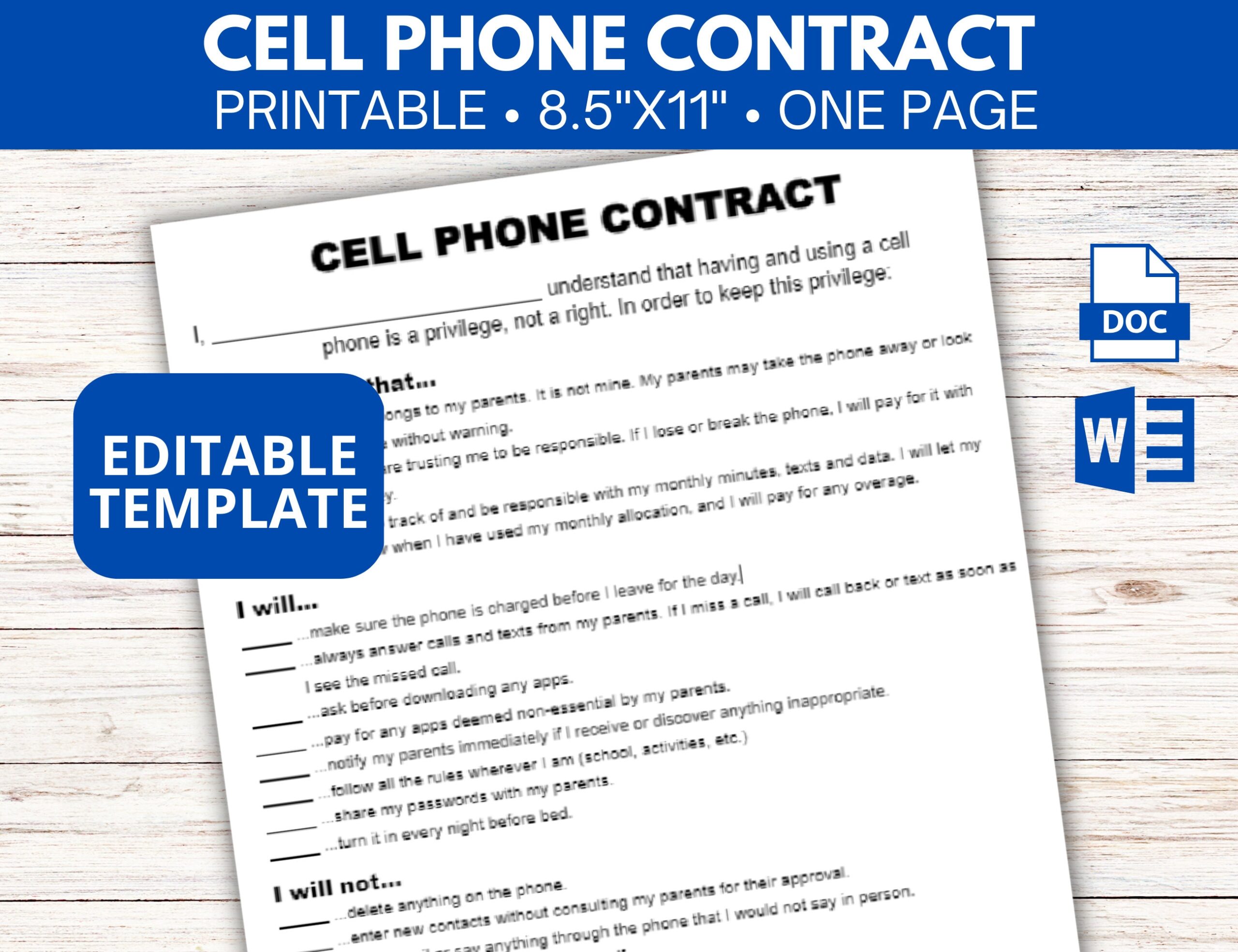 Printable Cell Phone Contract For Tweens Editable