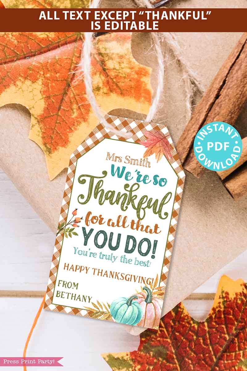 Editable Thanksgiving Gift Tags Printable Thankful Gingham Press Print Party 