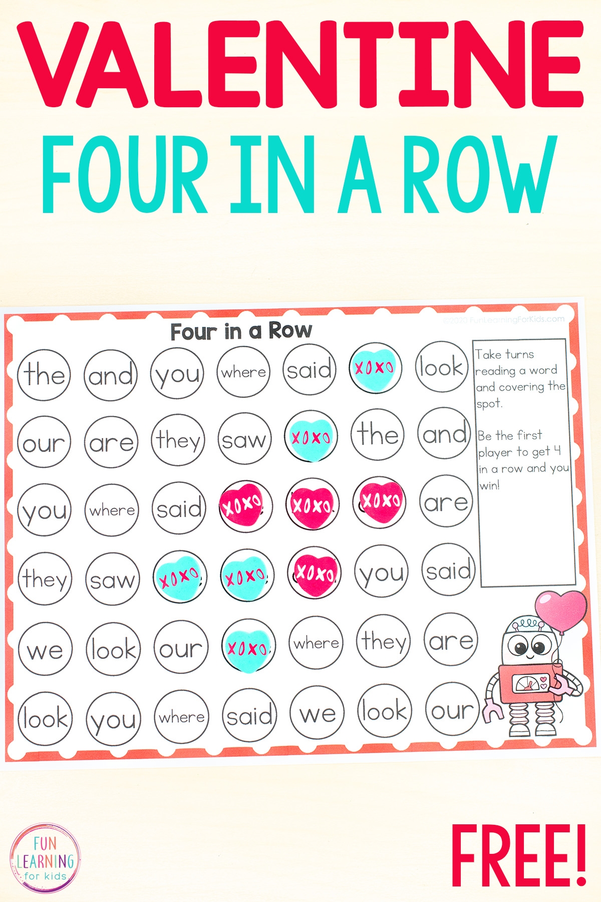 Editable Valentine s Day Four In A Row Printable Literacy Game