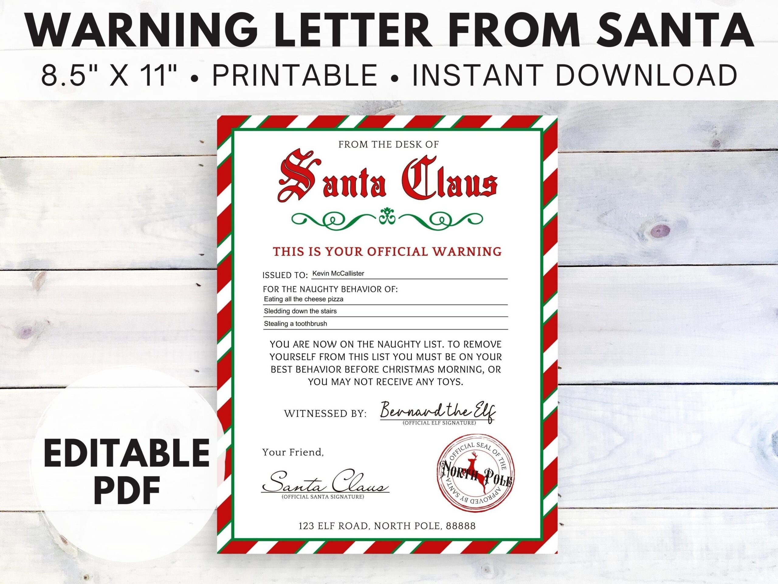 EDITABLE Warning Letter From Santa Printable Naughty List Instant Download Editable PDF Etsy