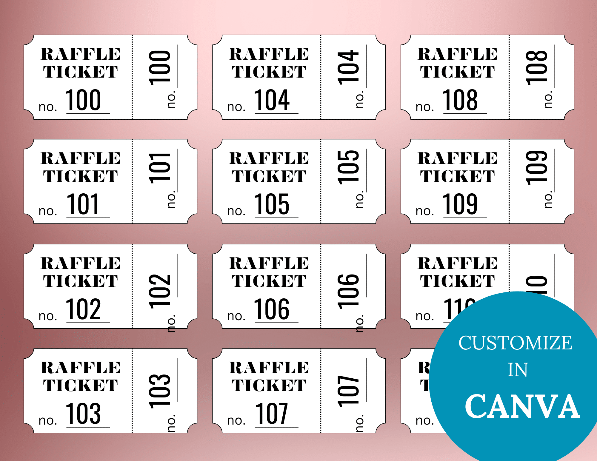Editable Wedding Glitter Numbered Raffle Tickets With Numbers 1 To 204