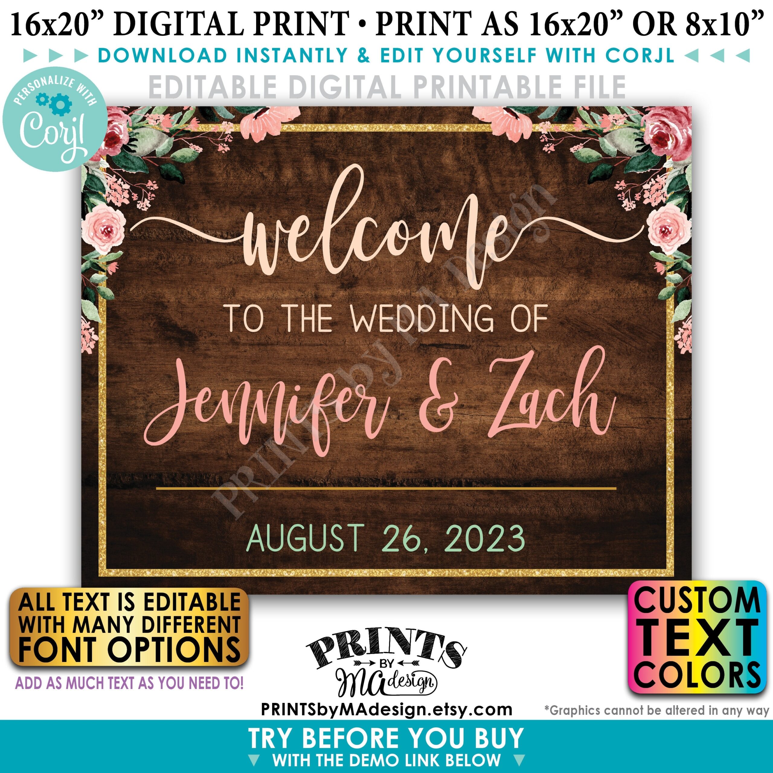 Editable Wedding Welcome Sign Rose Gold Blush Floral Gold Glitter Custom Rustic Wood Style PRINTABLE 16x20 Sign