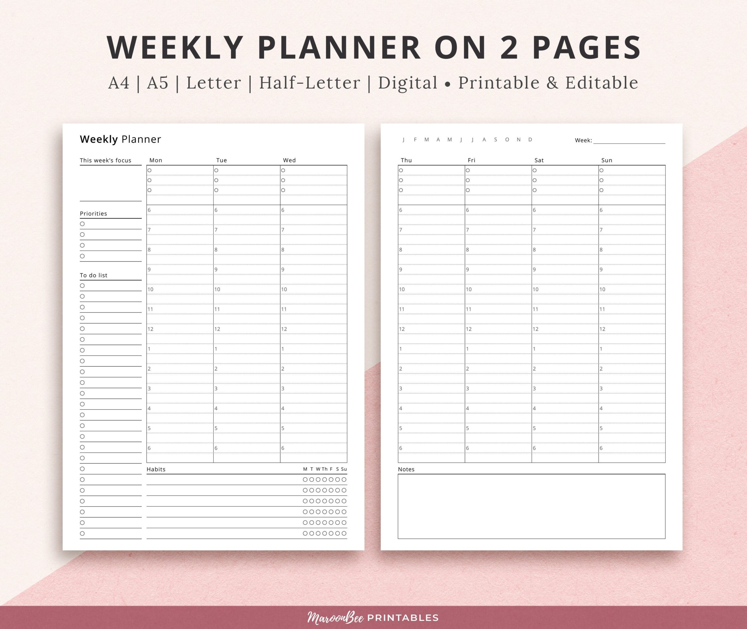 Editable Weekly Planner On 2 Pages Wo2p Fillable Weekly Printable Template Undated Printable Planner Insert Template A4 A5 Letter Half Etsy