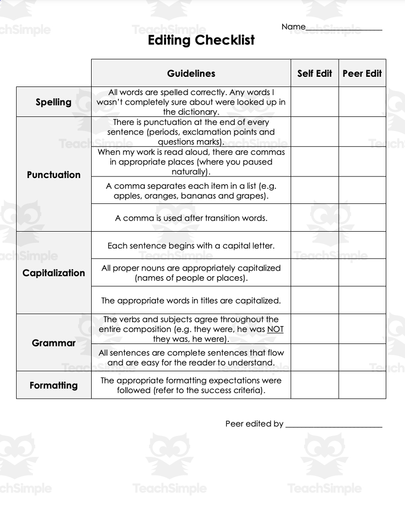 Editing Checklist For Self And Peer By Teach Simple
