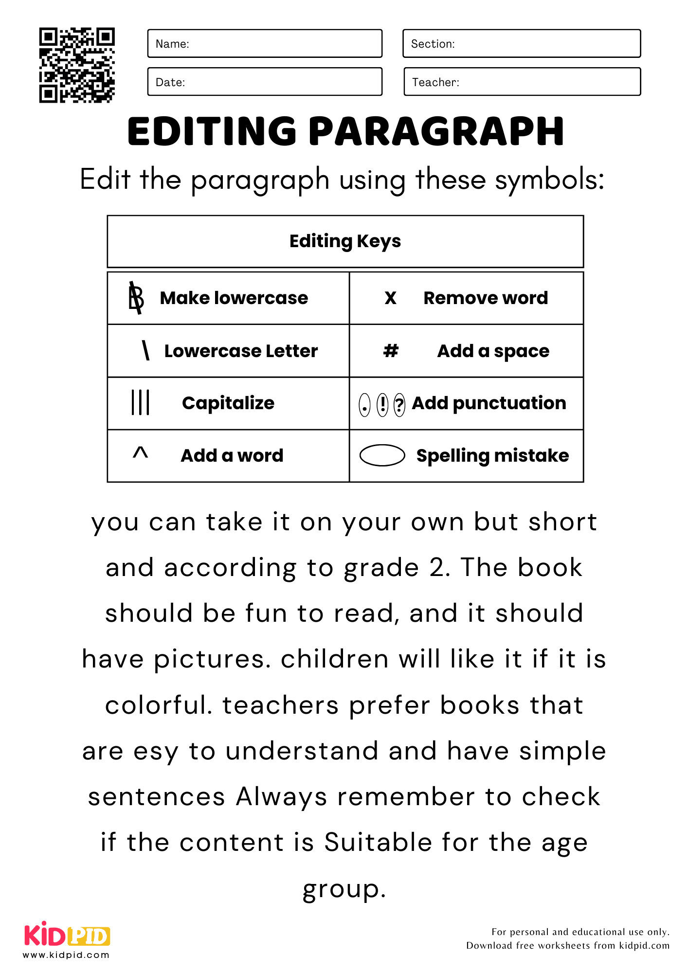 Sentence Editing Worksheet Free Printable