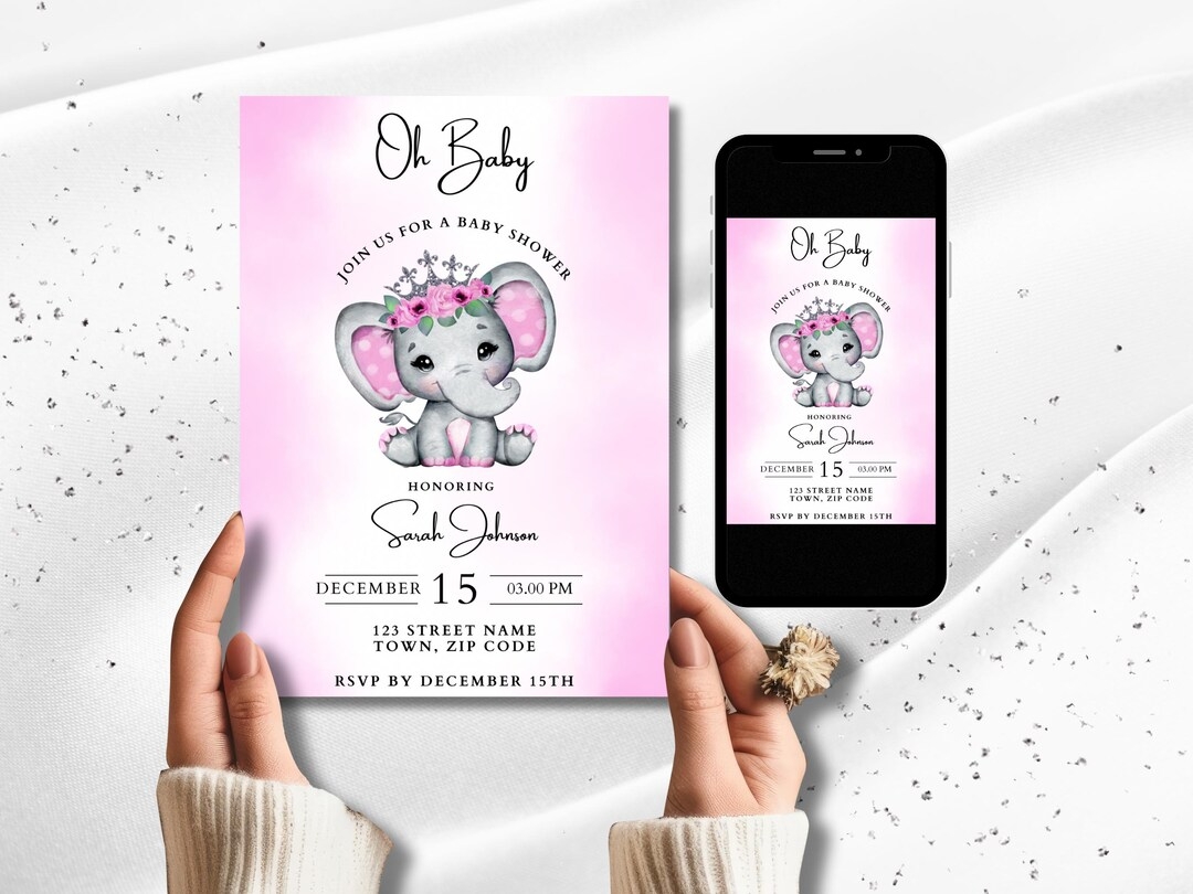 Elephant Princess Baby Shower Invitation Template Printable Pink Girl Baby Shower Invite Cute Elephant Digital Invitation Etsy