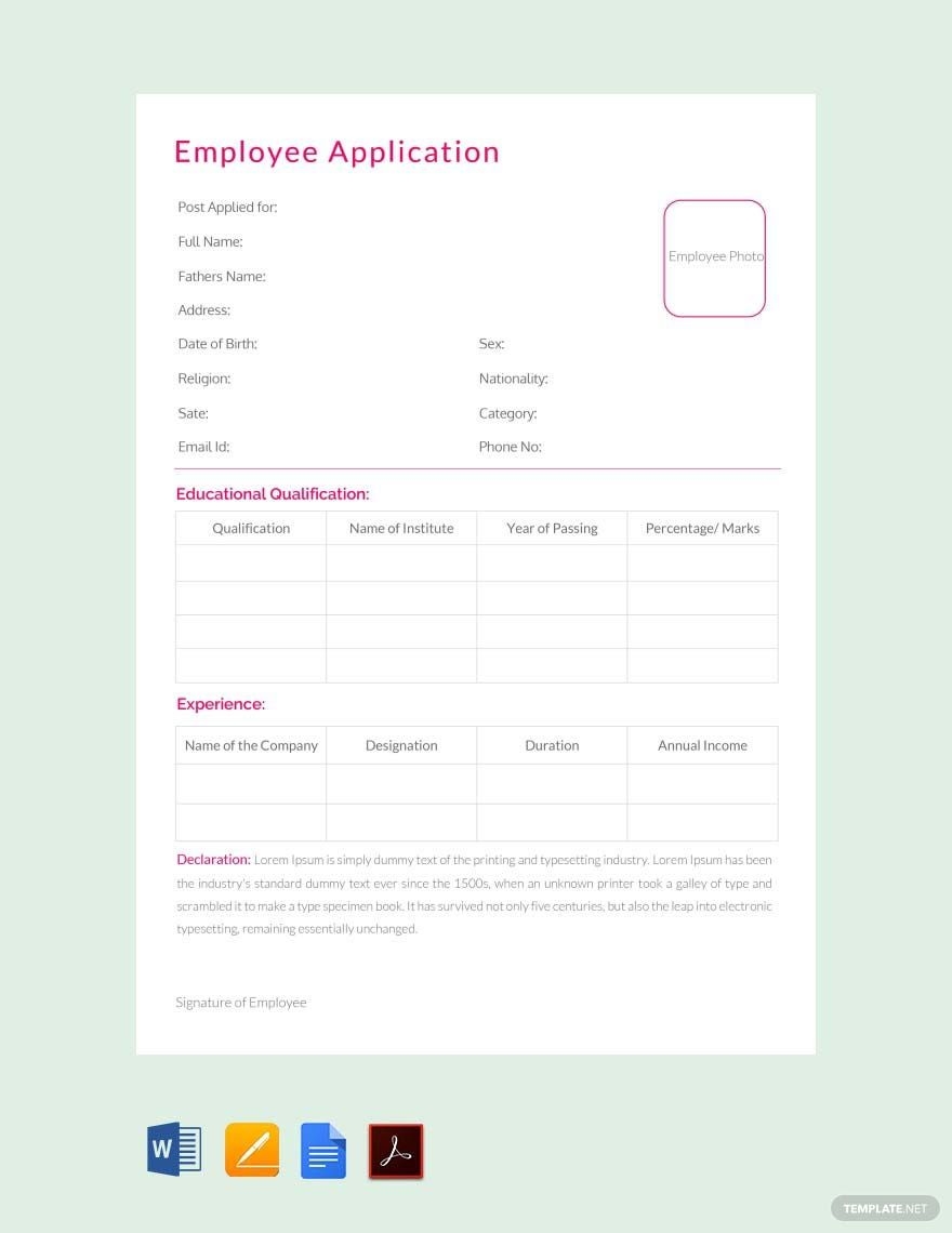 Employee Application Template In Word PDF Pages Google Docs Download Template