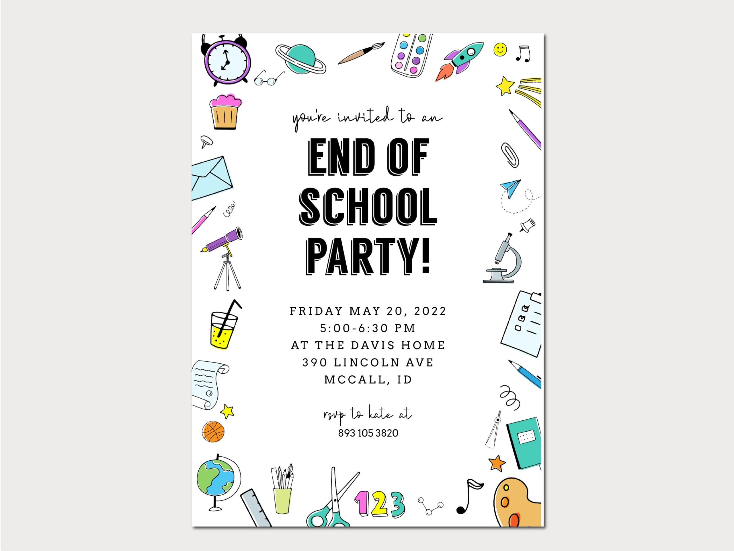 Editable Printable Invitation For School Party