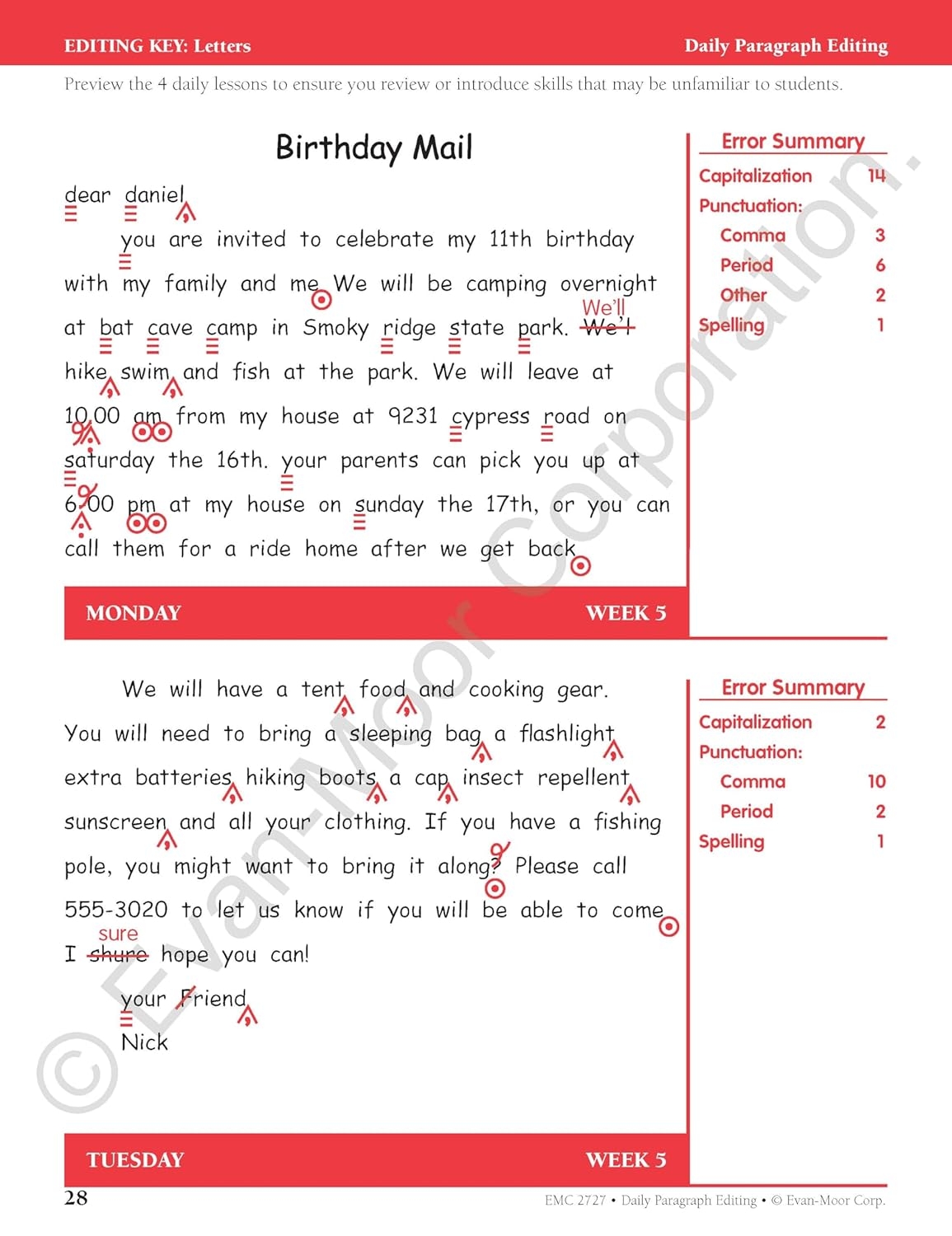 Daily Paragraph Editing Grade 6 , Printable